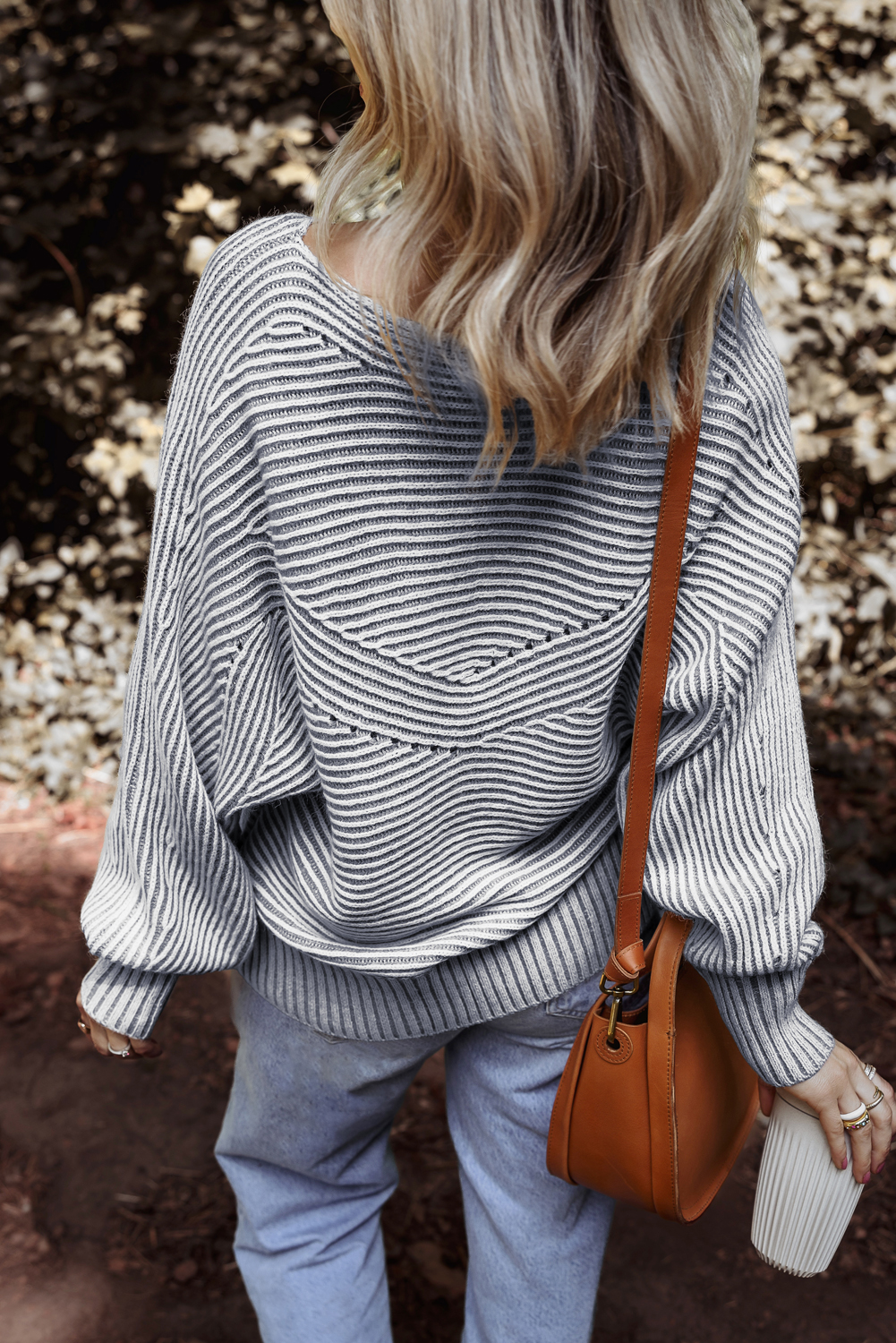 Coffee Striped Print Ribbed Knit Boat Neck Baggy Sweater - loveforevers