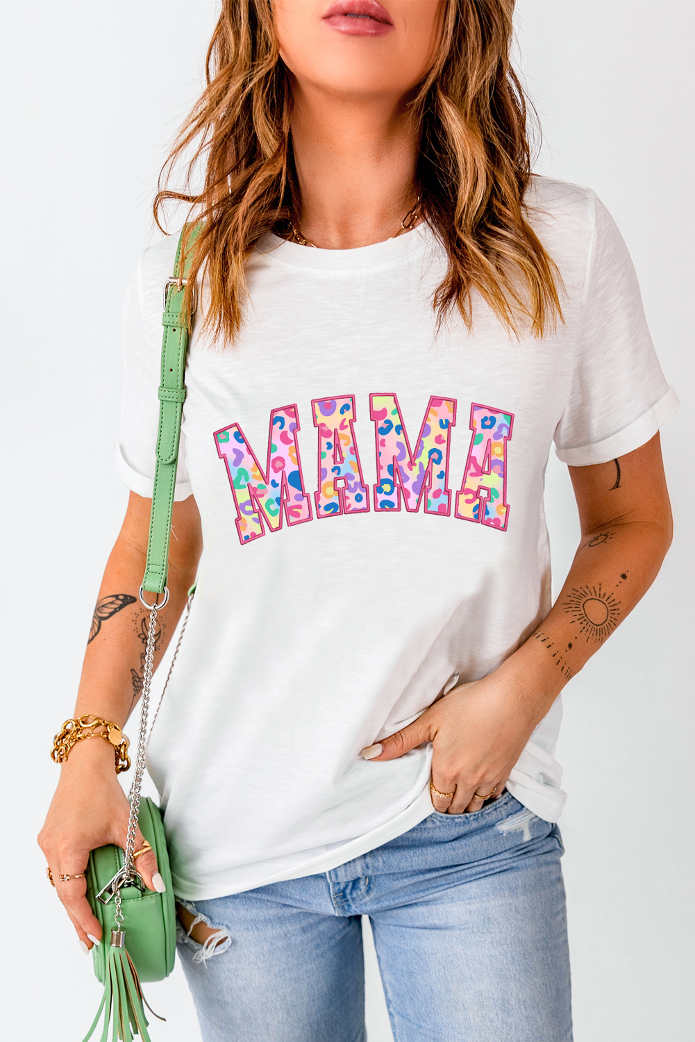 White MAMA Leopard Embroidered Crew Neck Graphic Tee - loveforevers
