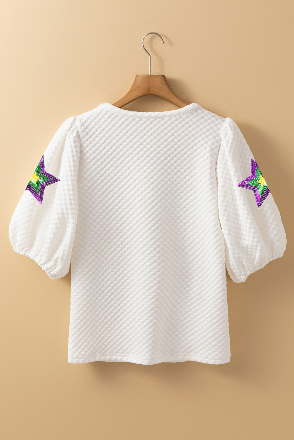 White Textured Sequin Mardi Gras Star Graphic Puff Sleeve Blouse - loveforevers