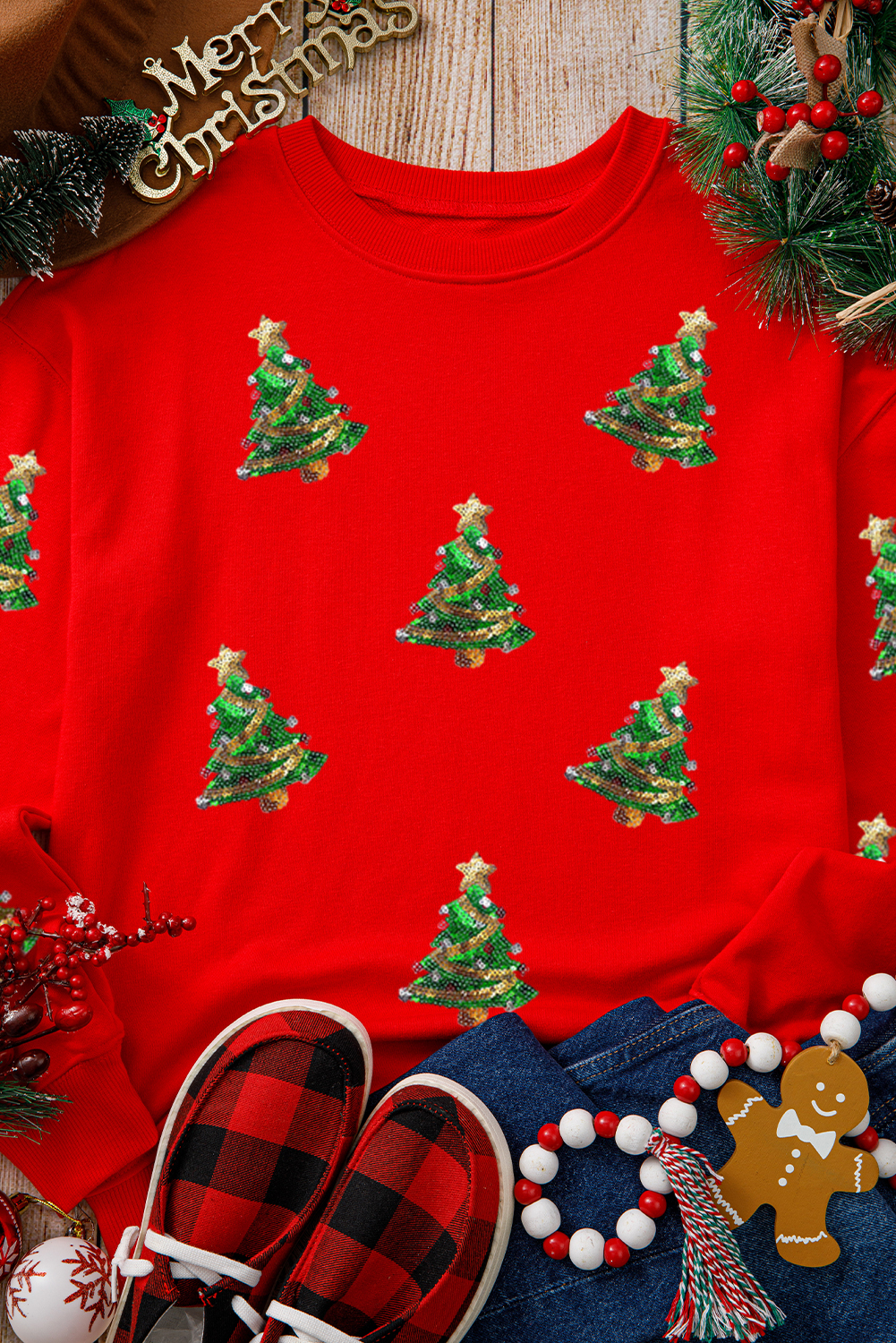 Red Sequin Christmas Tree Graphic Drop Shoulder Sweatshirt - loveforevers