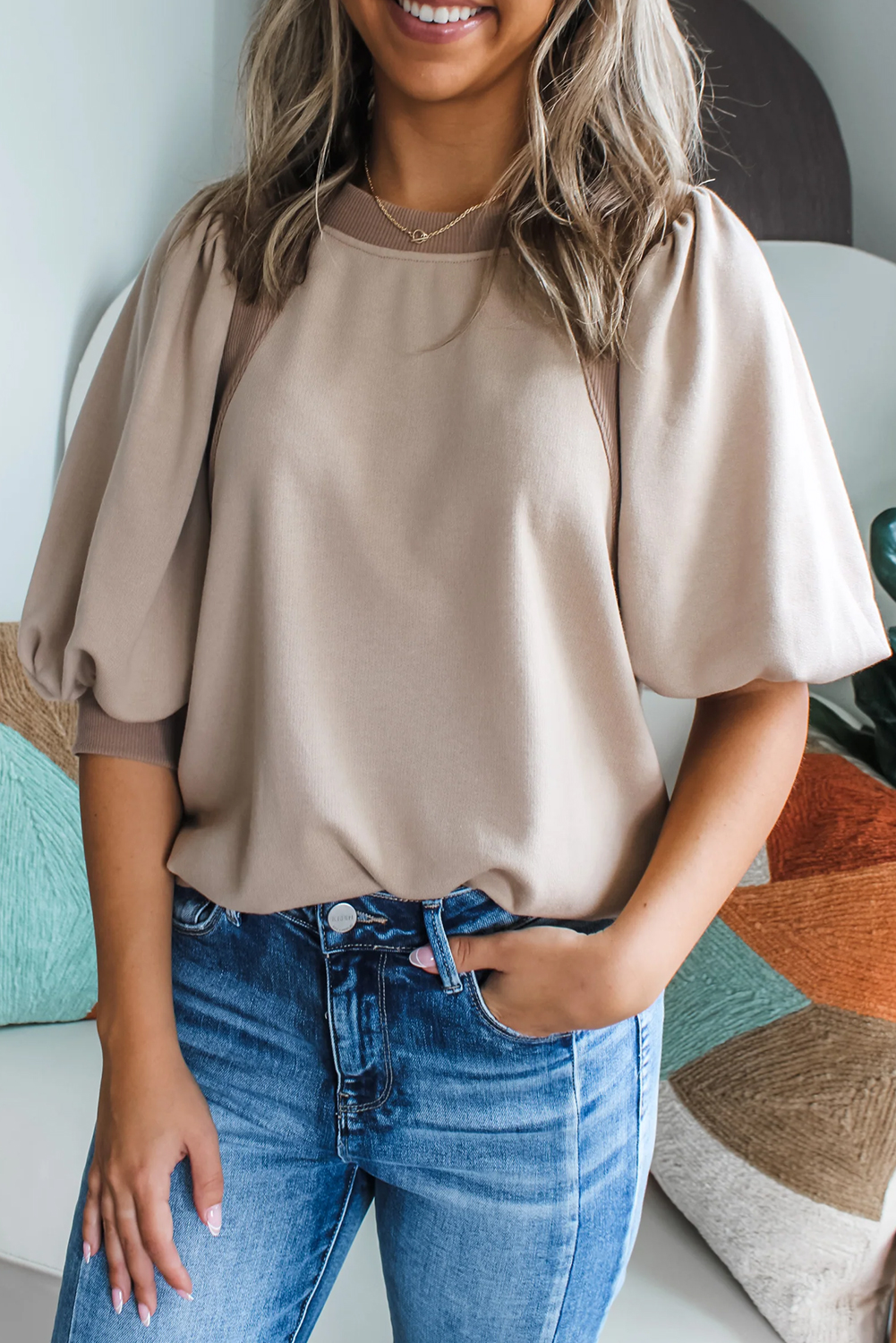 Goat Half Lantern Sleeve Solid Colour Pullover Top - loveforevers