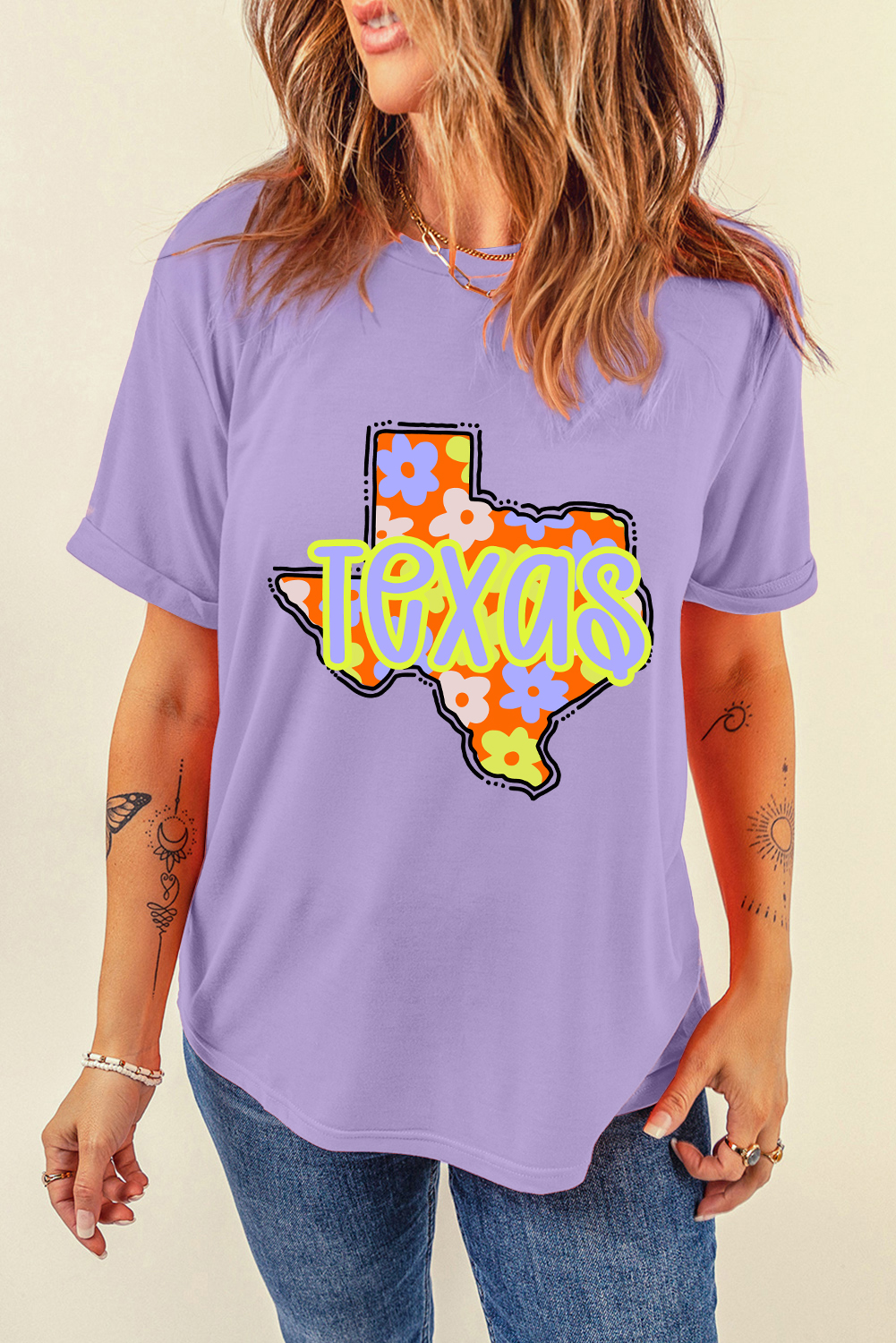 Wisteria TEXAS Flower Print Crew Neck T Shirt - loveforevers