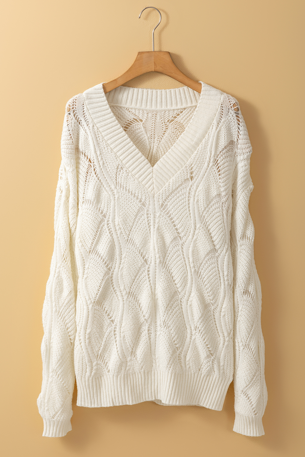 Beige Hollow Out Knit V Neck Drop Shoulder Sweater - loveforevers