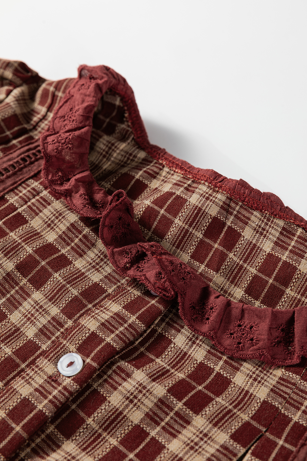 Red Dahlia Plaid Eyelet Lace Trim Button Down Loose Long Sleeve Shirt - loveforevers