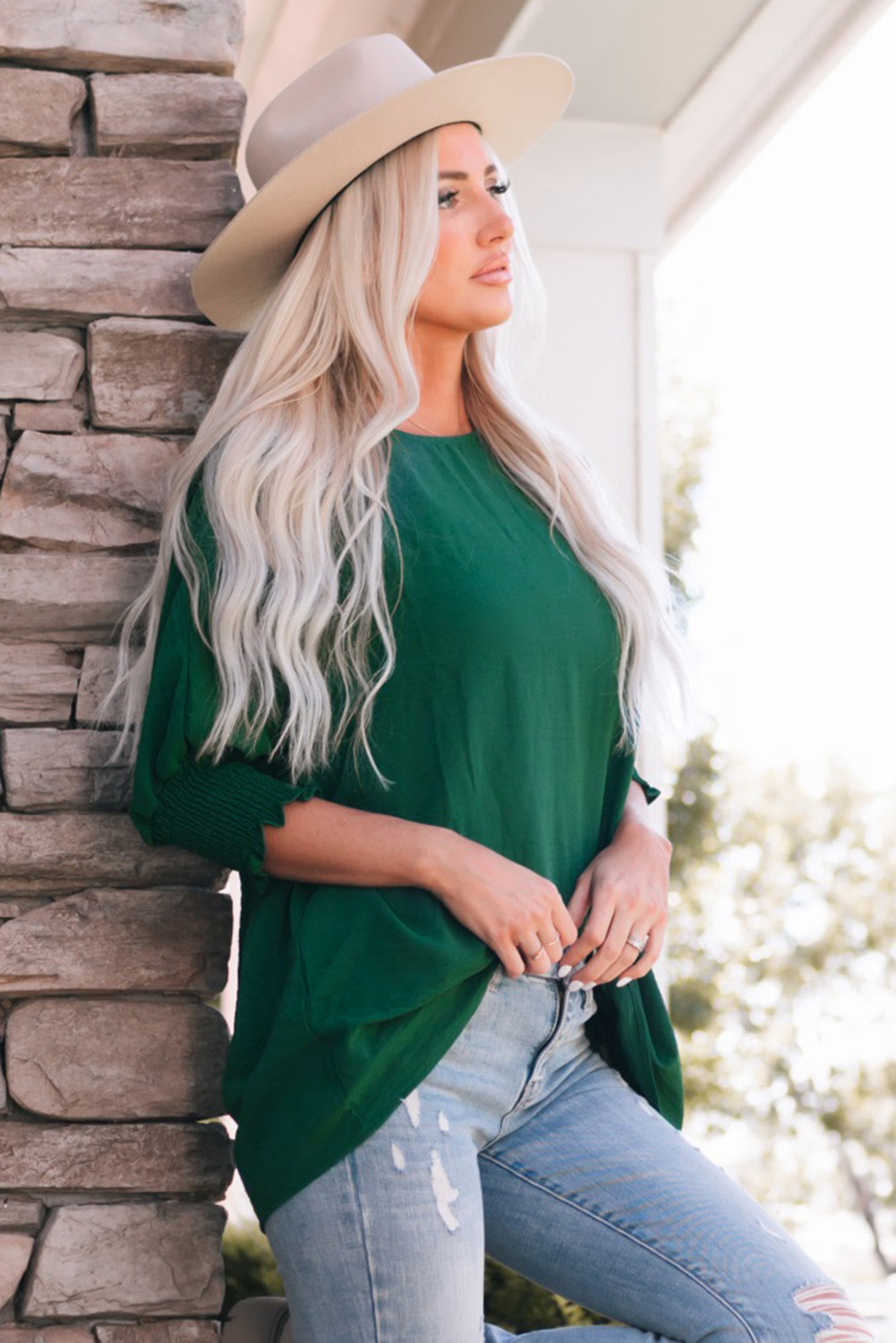 Green Smocked Wrist Shift Top - loveforevers