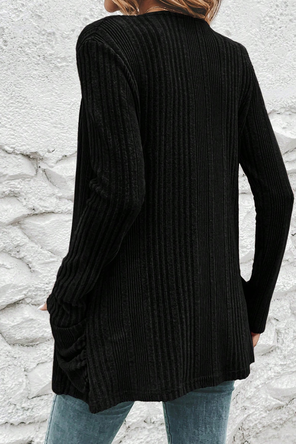 Stone Blue Ribbed Open Front Knitted Top with Pockets - loveforevers