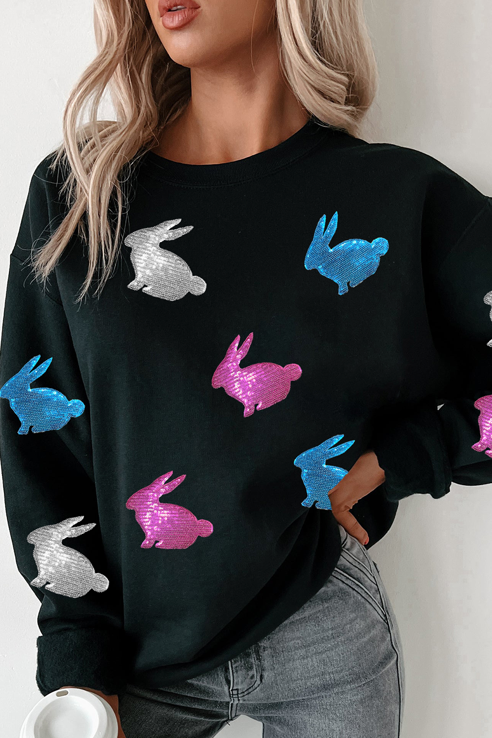 Black Easter Bunny Sequin Patched Drop Shoulder Sweatshirt - loveforevers