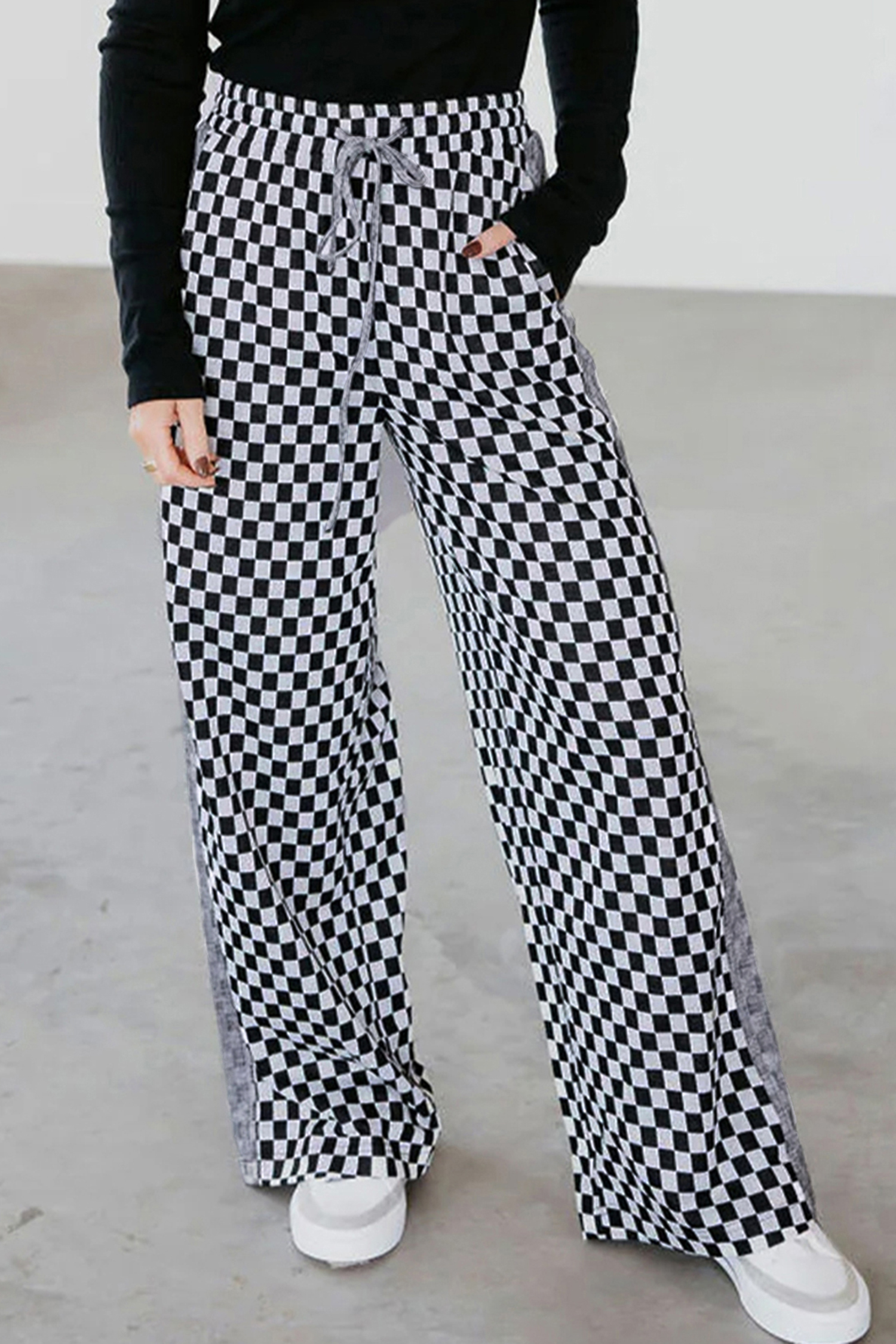 White Checkerboard Drawstring Waist Casual Pants - loveforevers