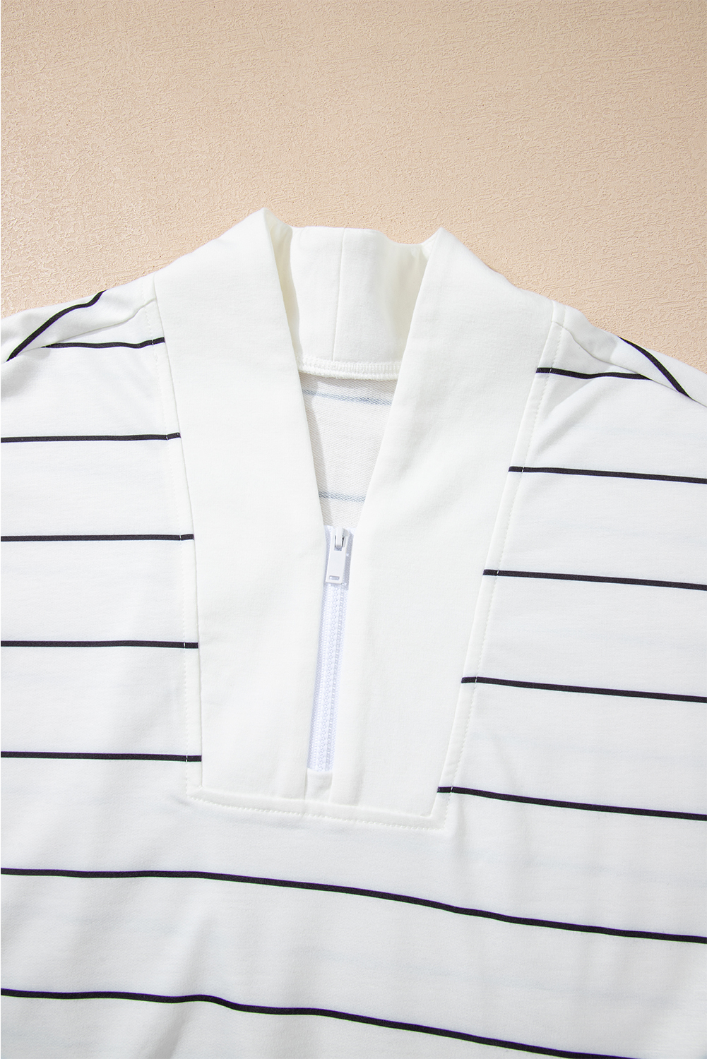 White Zip V Neck Casual Stripe Print Drop Shoulder Long Sleeve Top - loveforevers