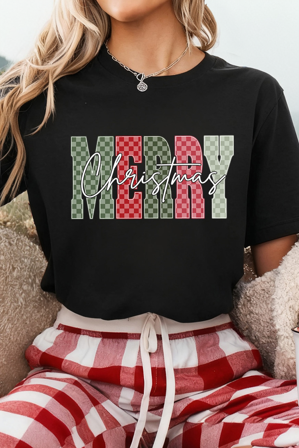 Black Plaid Checkered MERRY Christmas Graphic Crew Neck Tee - loveforevers