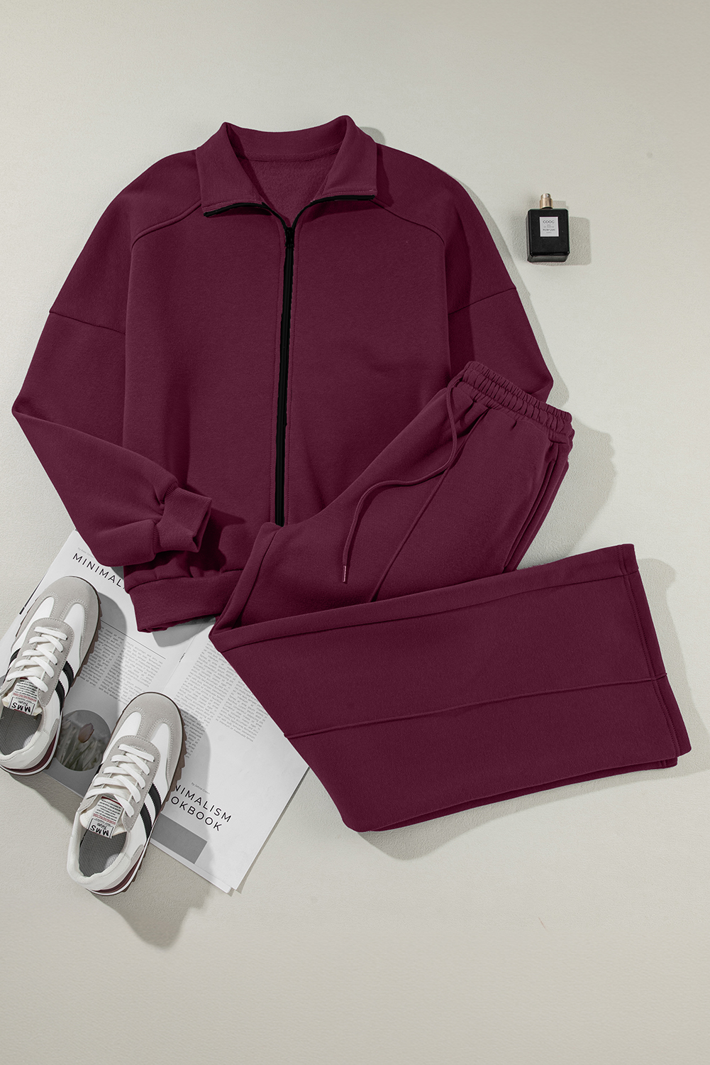 Navy Blue Drop Shoulder Zip Up Jacket Drawstring Pants Active 2pcs Set - loveforevers