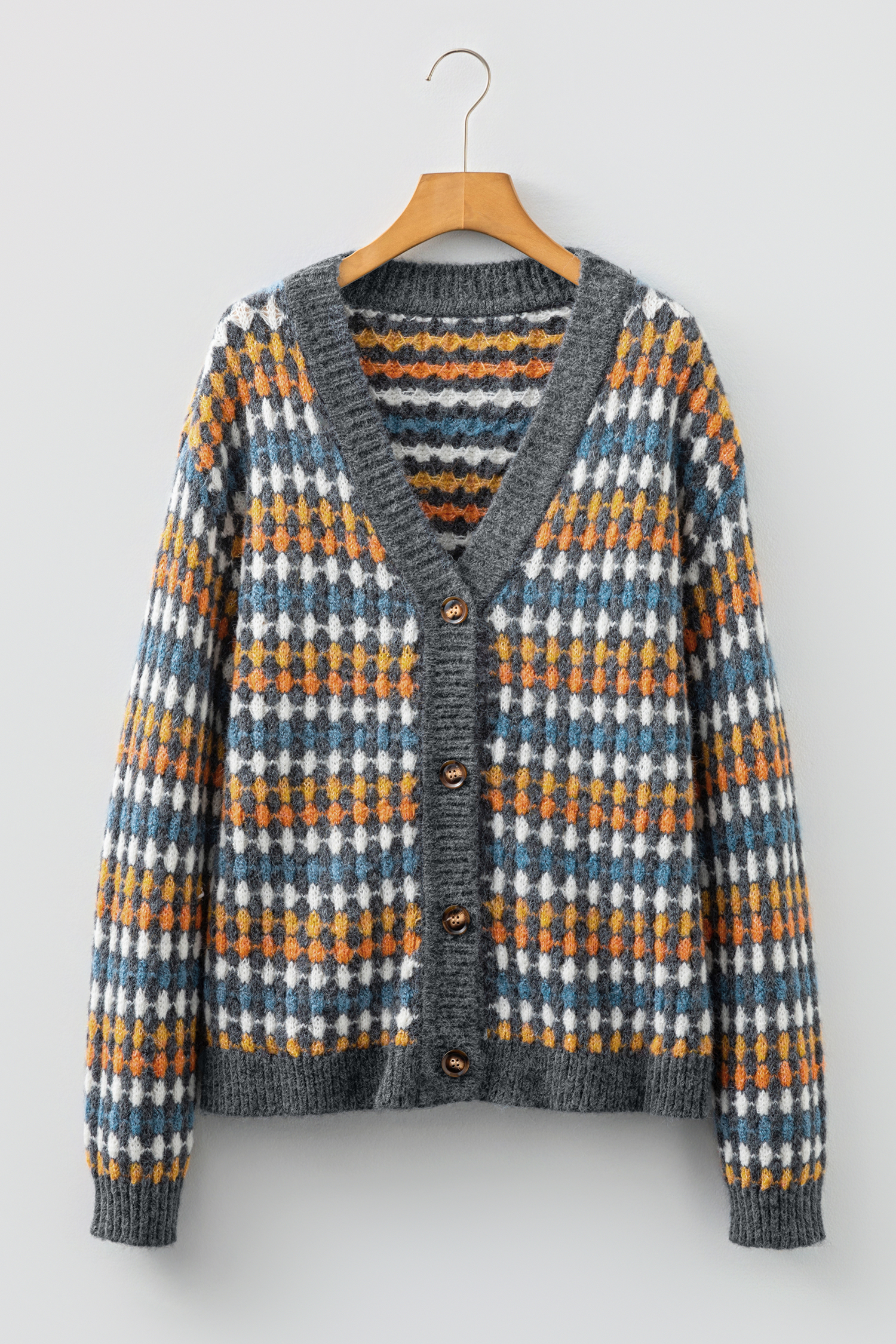 Gray Dotty Pattern Knit Button Front V Neck Sweater Cardigan - loveforevers