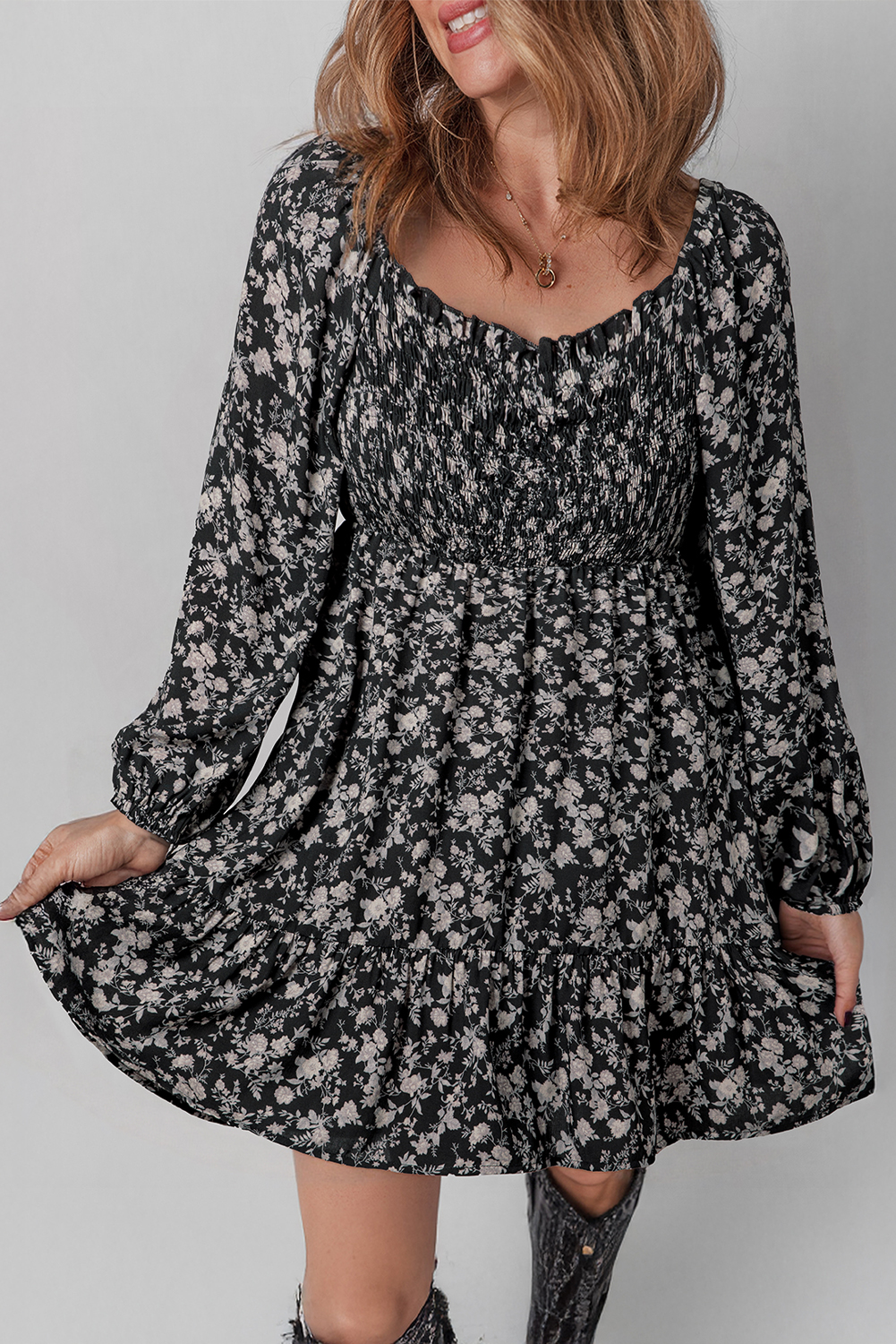 Black Floral Long Sleeve Frilly Shirred Square Neck Mini Dress - loveforevers