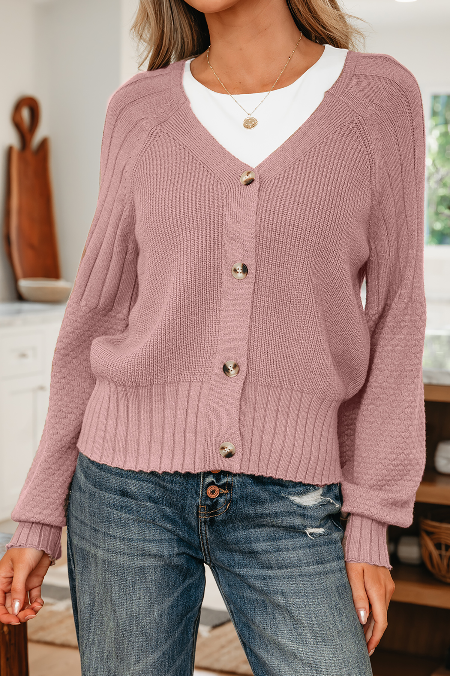 Light Pink Mixed Texture Knit Button V Neck Sweater Cardigan - loveforevers