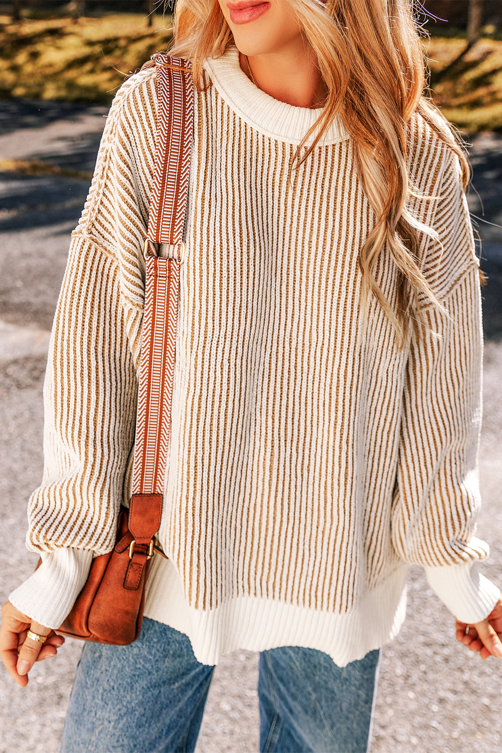Bright Pink Striped Textured Knit Contrast Edge Loose Sweater - loveforevers