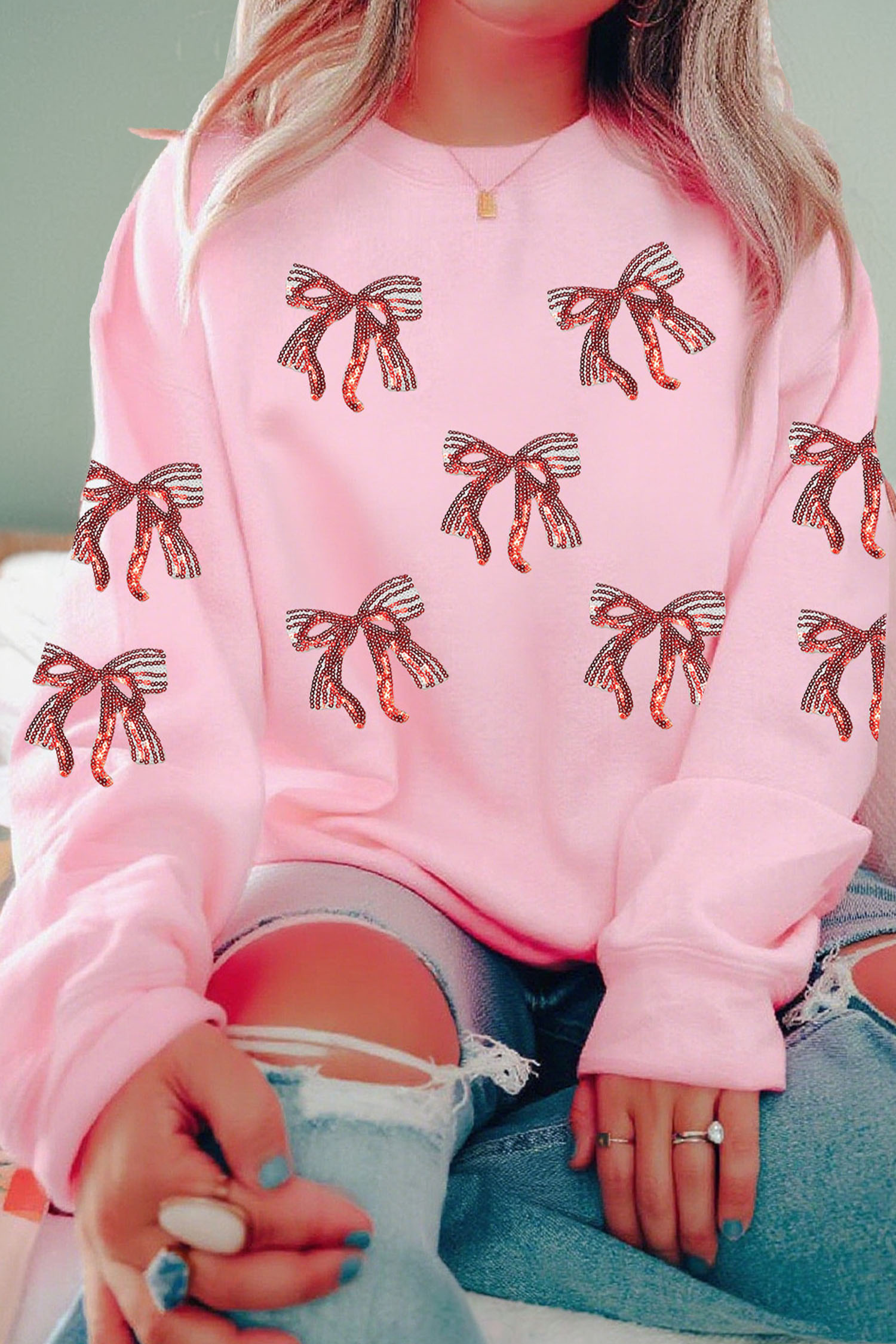 Pink Sequined Bow Pattern Drop Shoulder Loose Sweatshirt - loveforevers