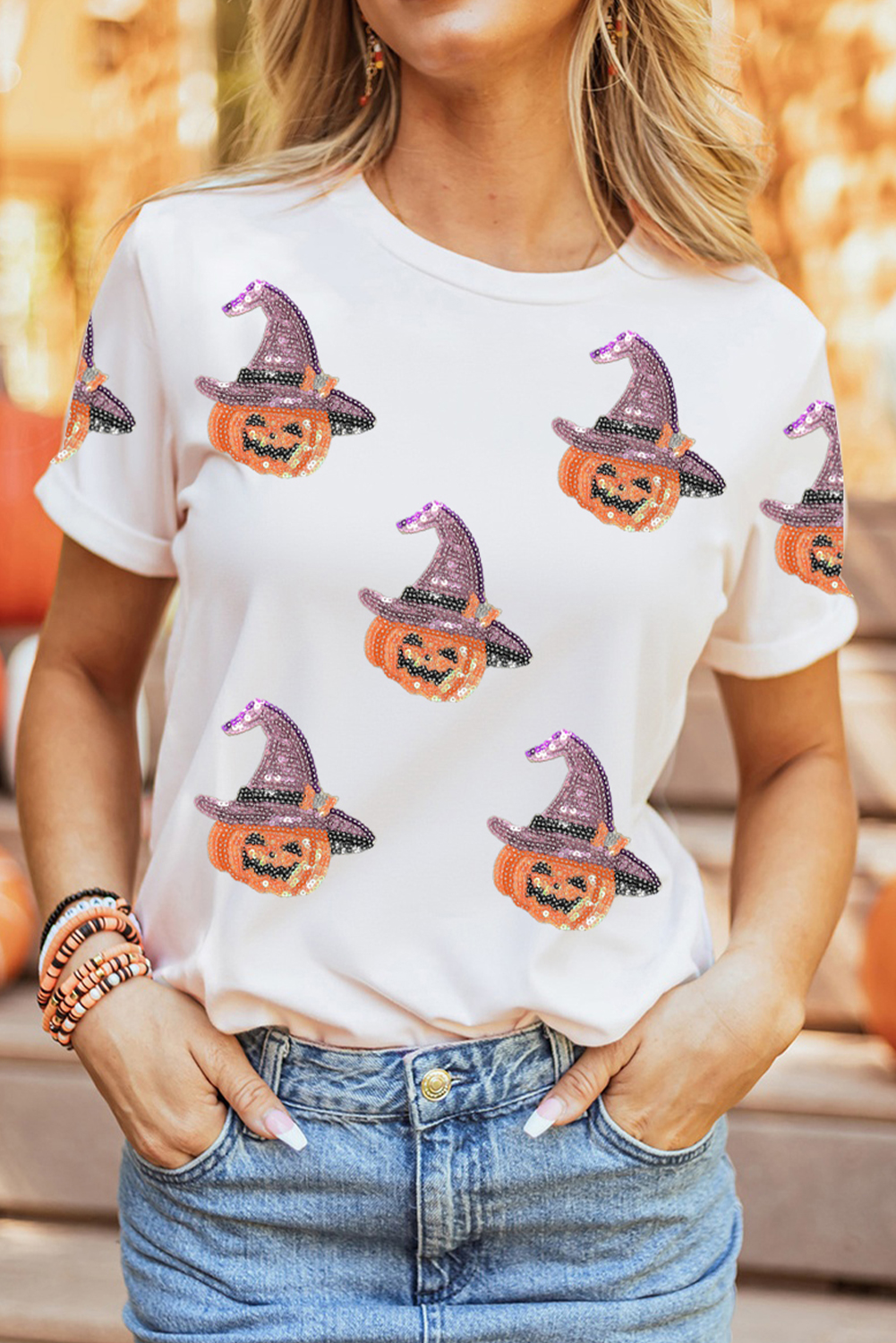 White Sequin Pumpkin Witch Halloween Graphic Tee - loveforevers