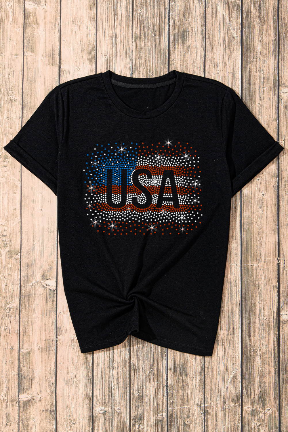 Black Rhinestone America Flag USA Graphic T Shirt - loveforevers