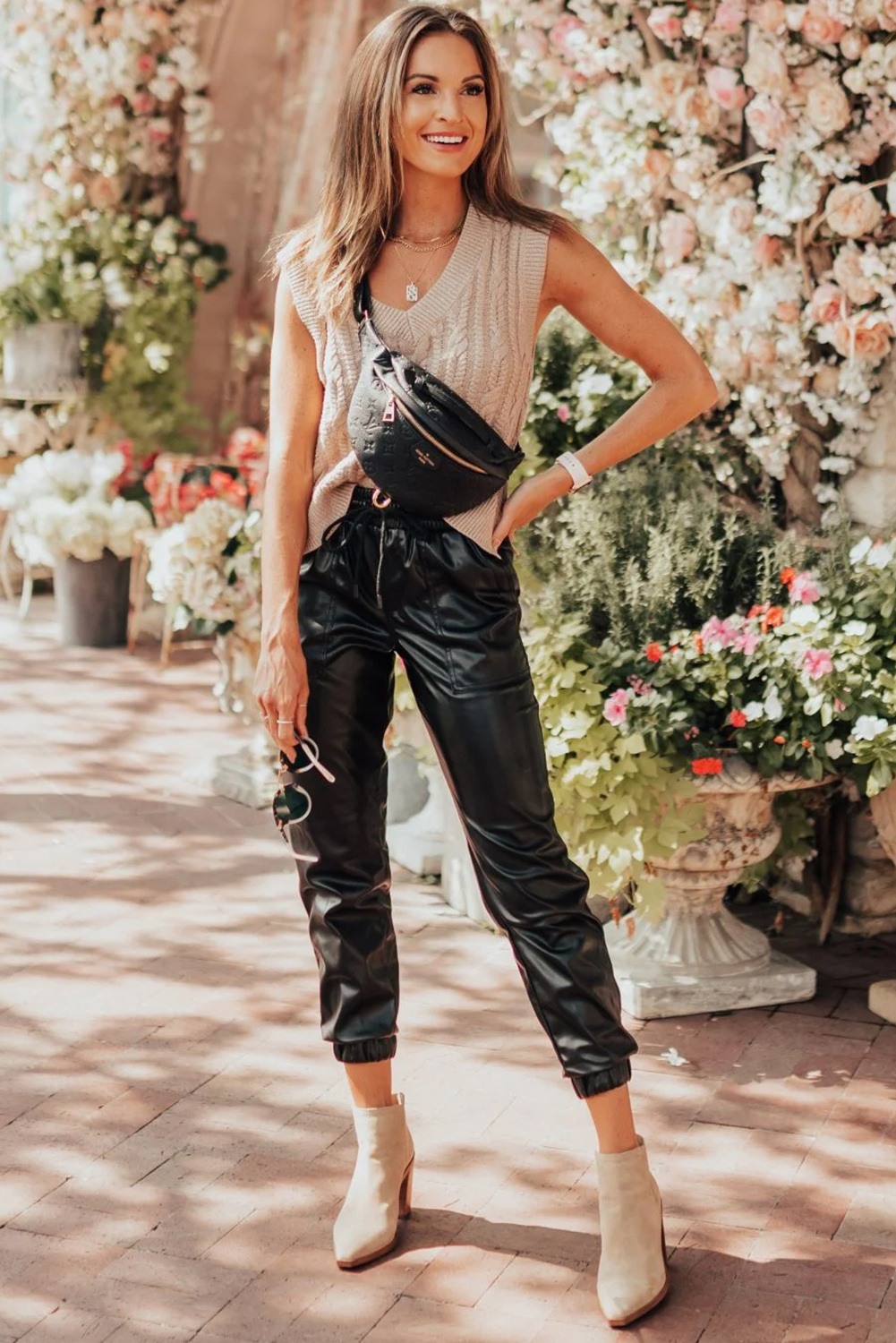 Black Faux Leather Ankle Smocked Waist Drawstring Joggers - loveforevers