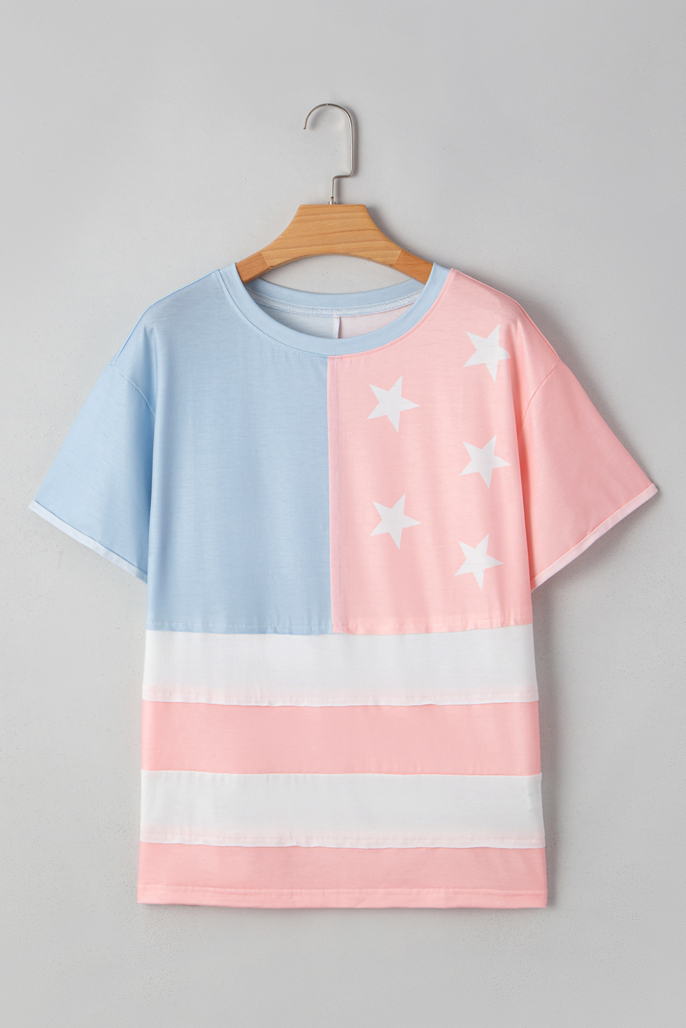 Pink Stars and Stripes Printed Crewneck Independence Day T Shirt - loveforevers