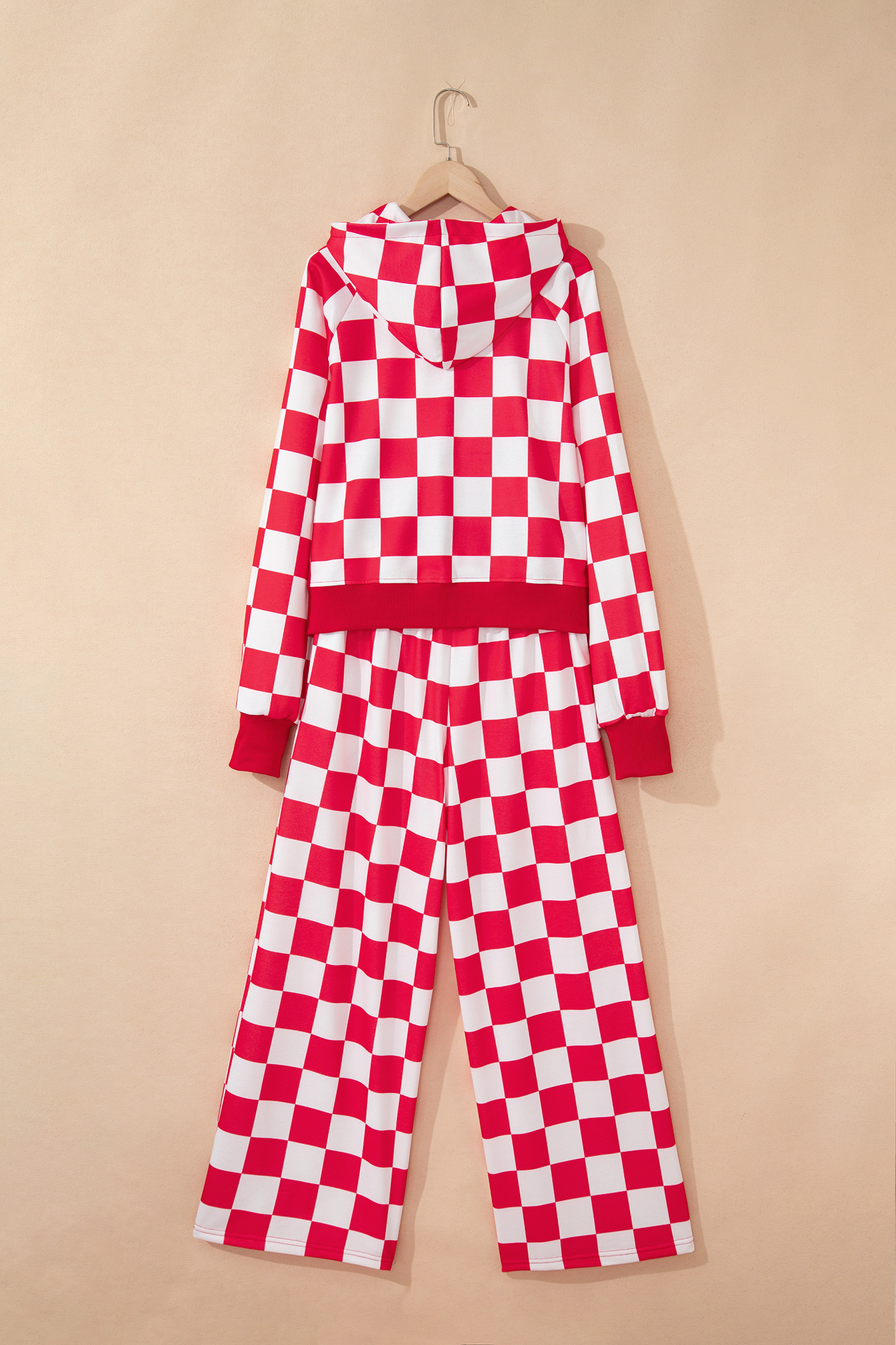 Red Checkered Print Half Zip Hoodie Loose Pant Set - loveforevers