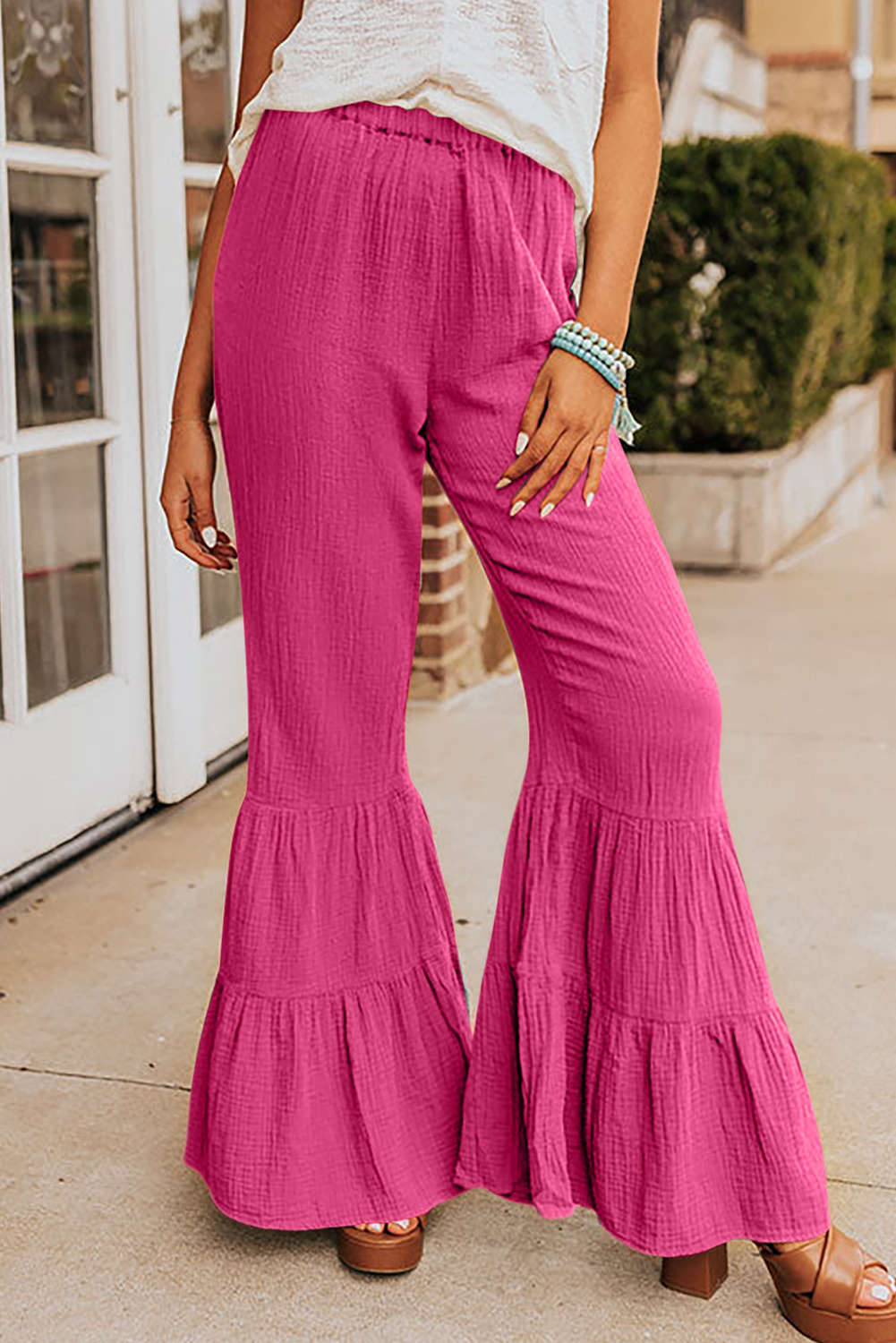 Rose Textured High Waist Ruffled Bell Bottom Pants - loveforevers