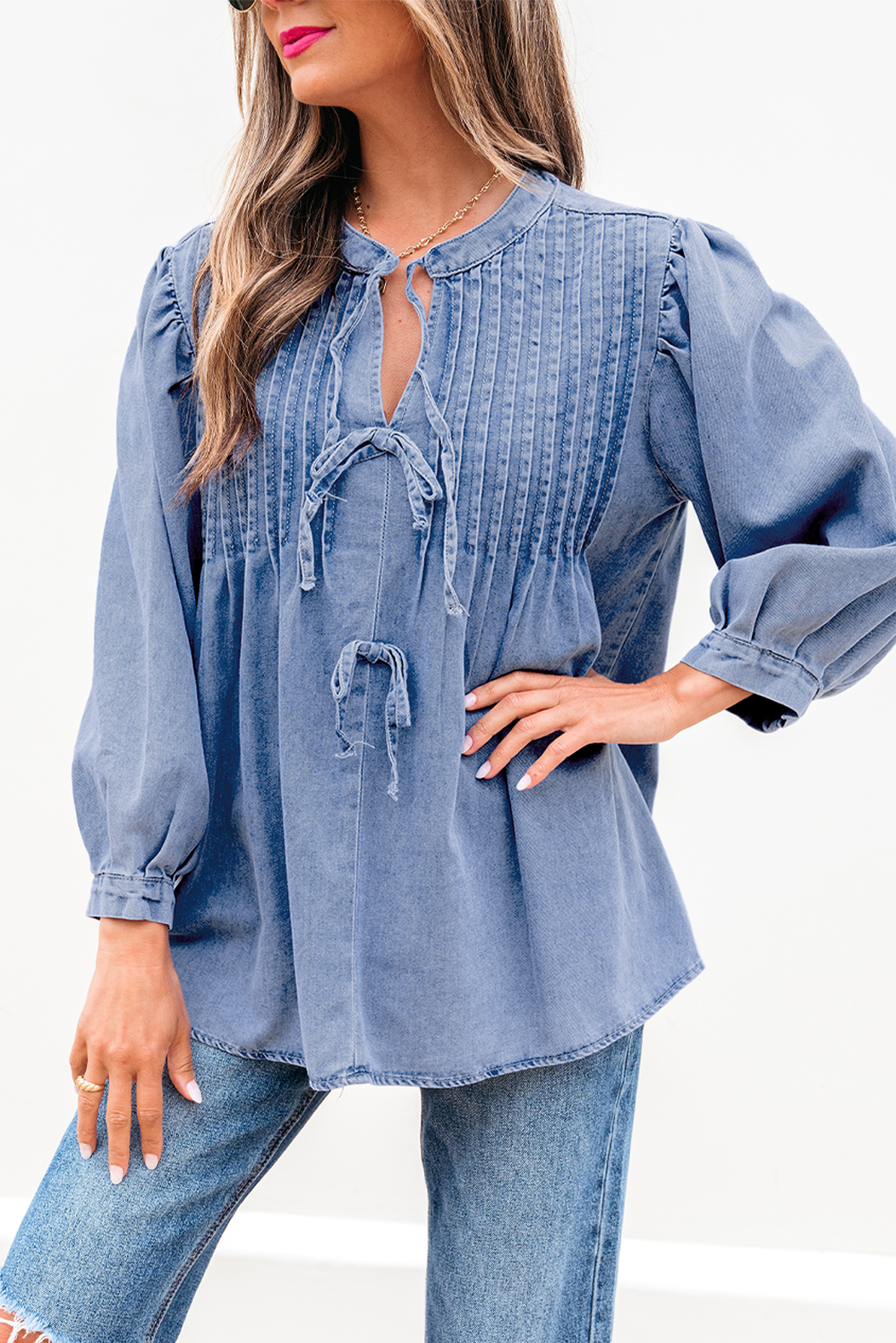 Myosotis Denim Front Pintuck Bow Tie Puff Sleeve Top - loveforevers