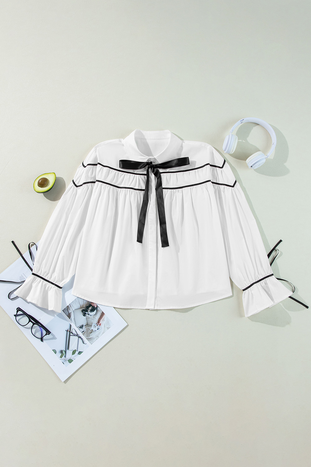 White Black Pipping Ribbon Bowtie Collared Ruffled Puff Sleeve Shirt - loveforevers