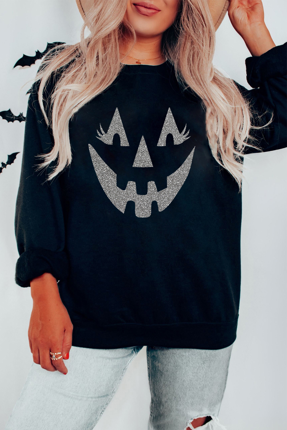 Black Spooky Face Printed Halloween Fashion Baggy Sweatshirt - loveforevers