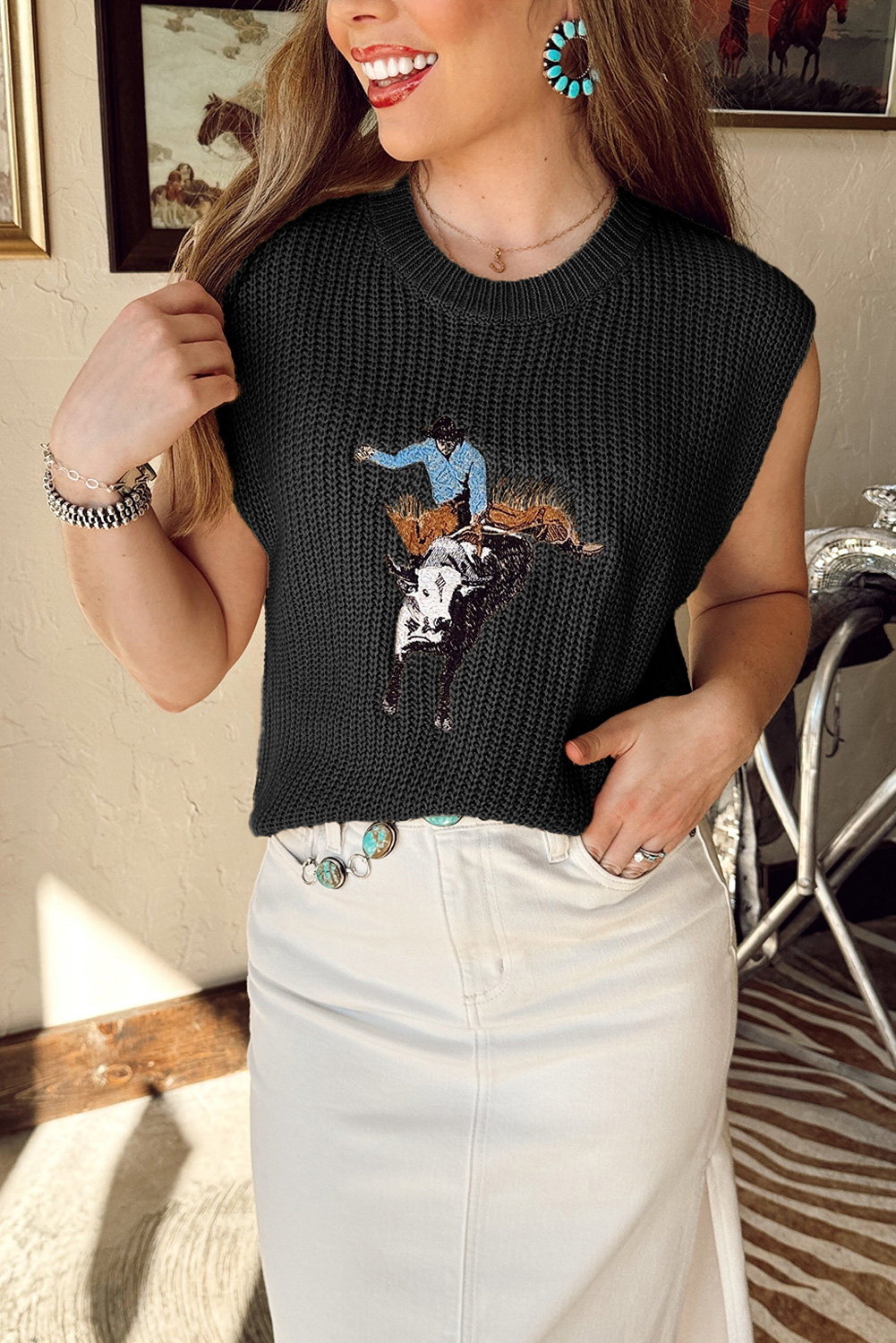 Black Western Cowboy Embroidery Round Neck Sleeveless Sweater - loveforevers
