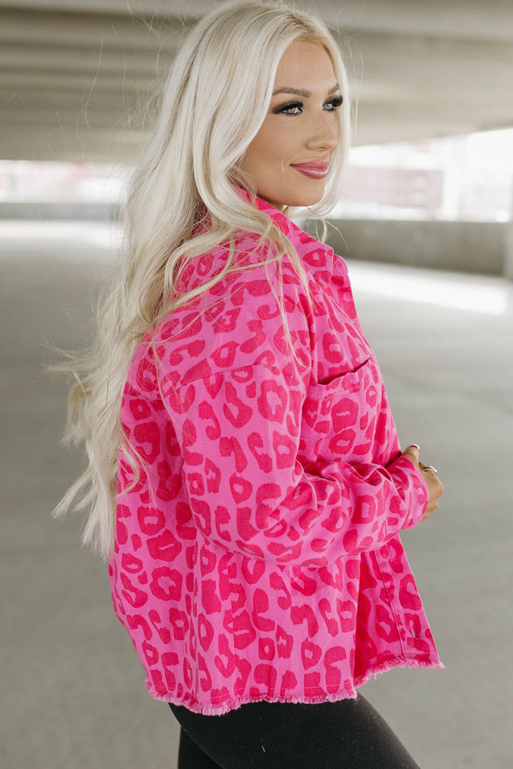 Pink Leopard Print Button Cuffs Raw Hem Jacket - loveforevers