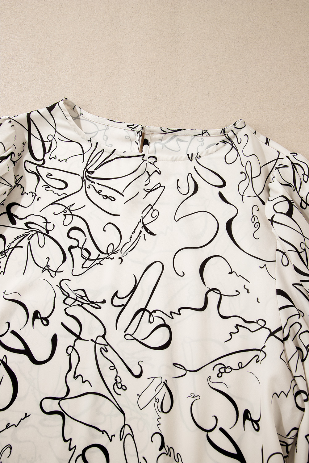 Beige Abstract Print Balloon Sleeve Crew Neck Blouse - loveforevers