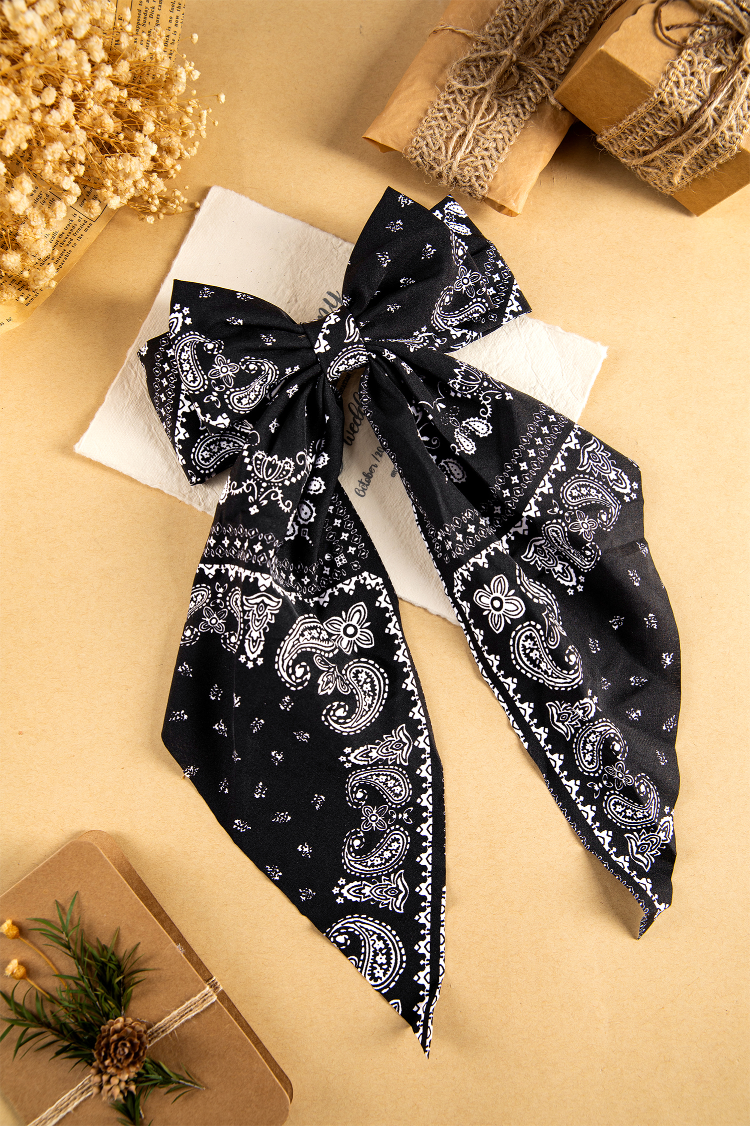 Black Boho Paisley Floral Print Silky Ribbon Bow Hair Clip - loveforevers