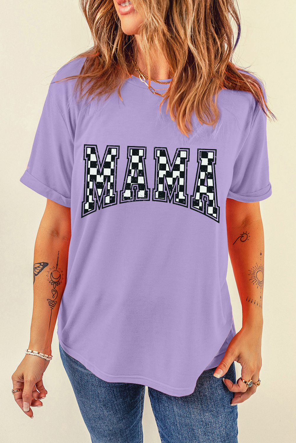 Wisteria Checkerboard MAMA Graphic Crewneck Tee - loveforevers