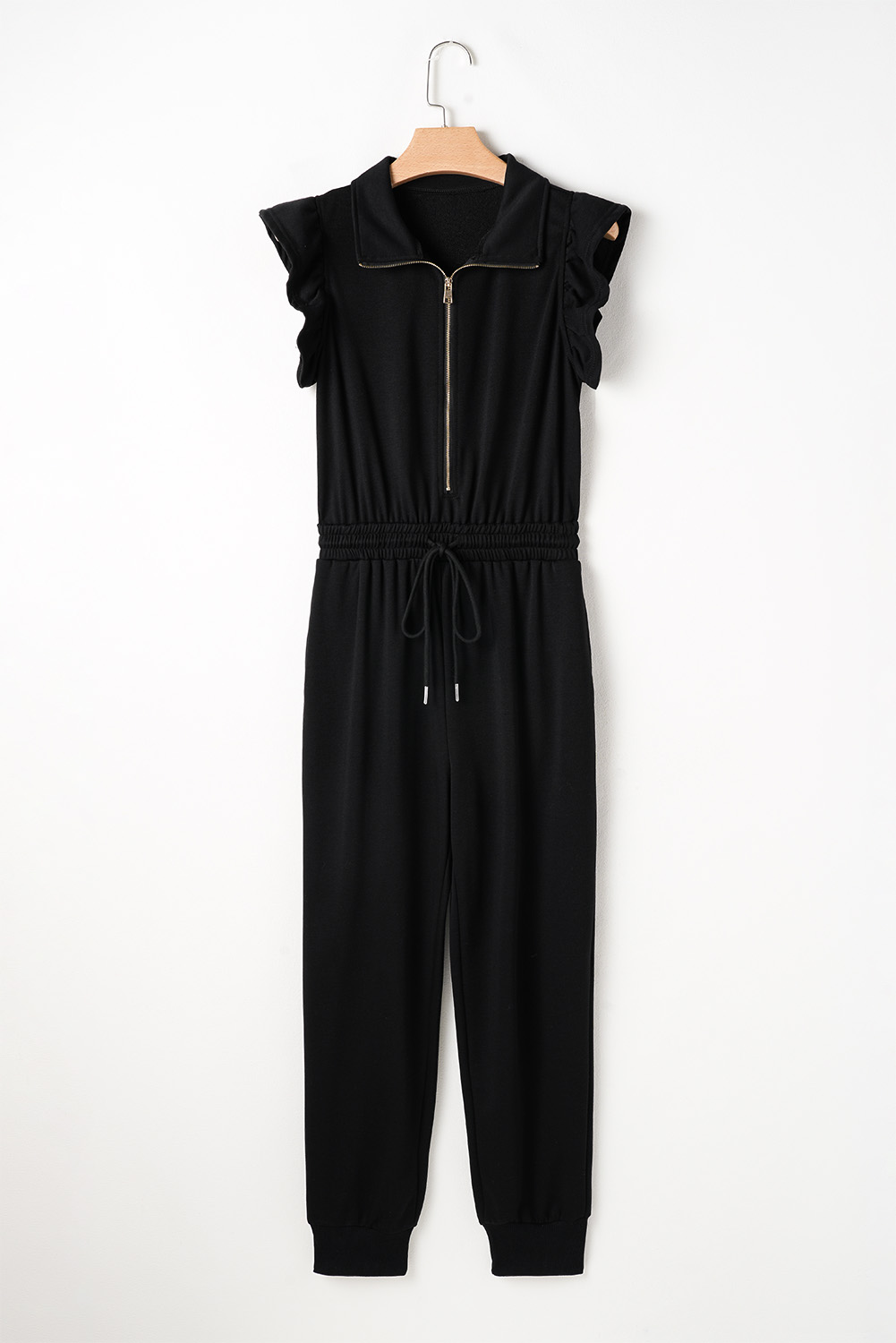 Black Zipper Flutter Sleeve Drawstring Elastic Waistband Jumpsuit - loveforevers