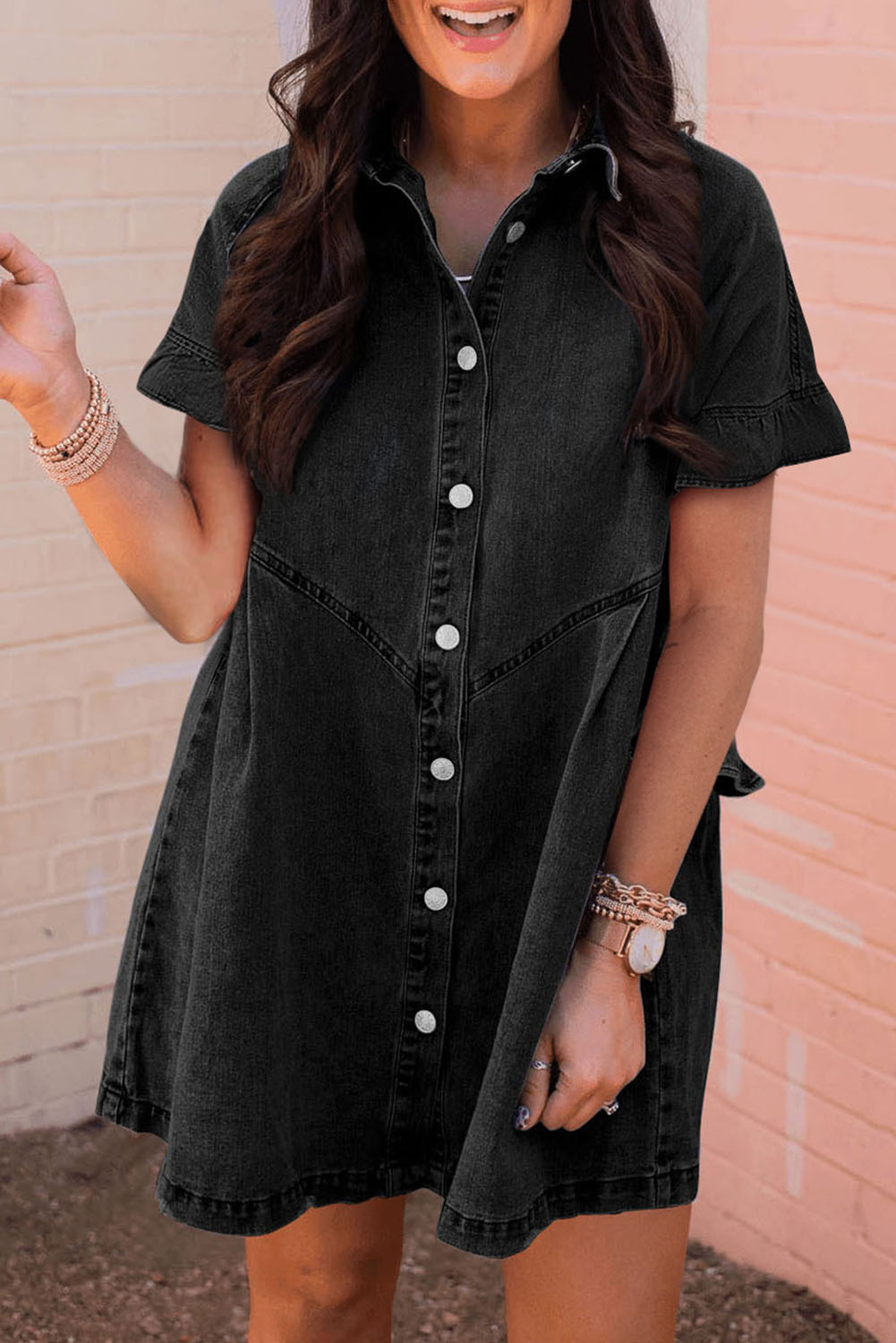 Black Frilled Short Sleeve Button Up Loose Denim Shirt Dress - loveforevers