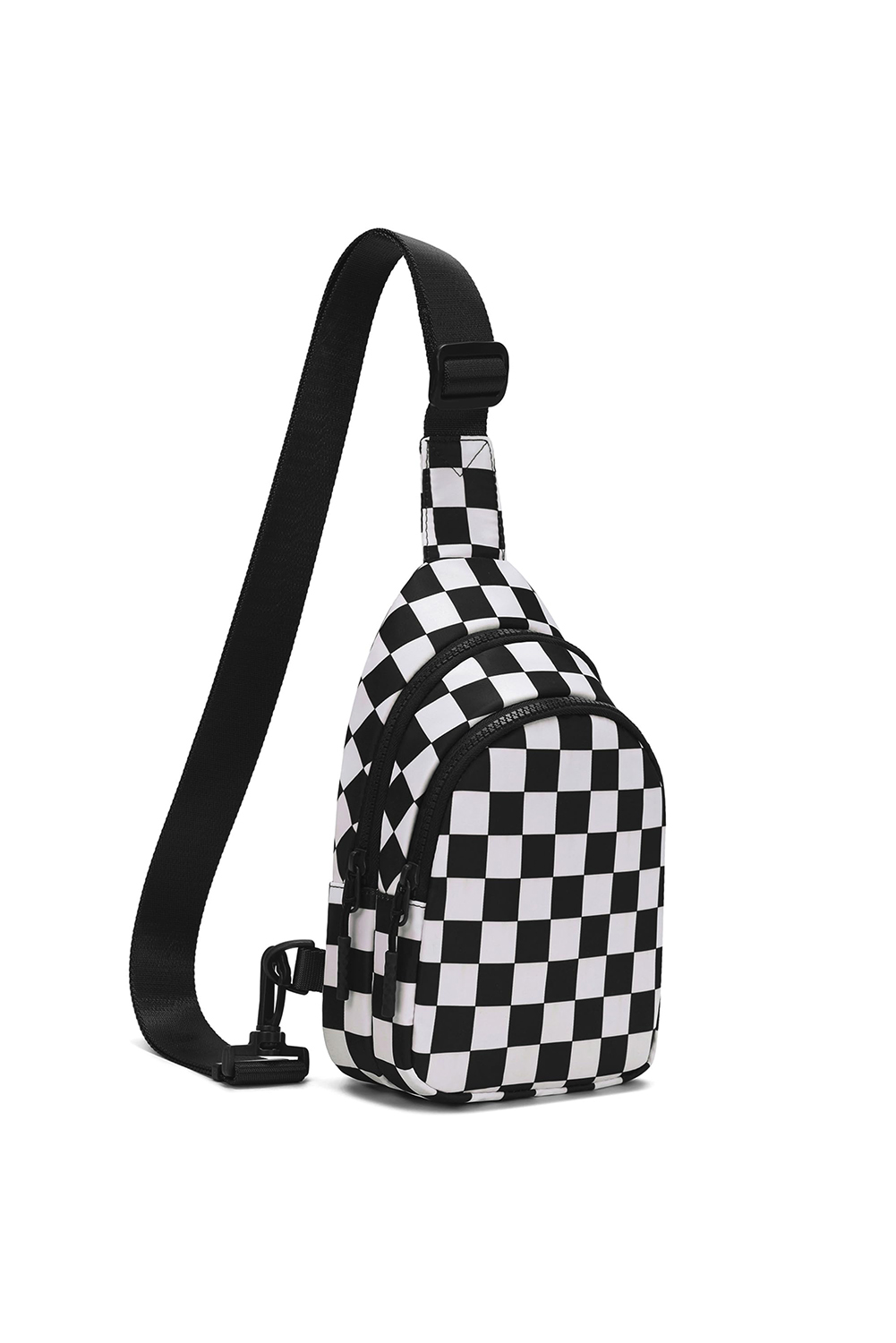 Black Checkered Print Zip Front Sling Backpack Crossbody Bag - loveforevers