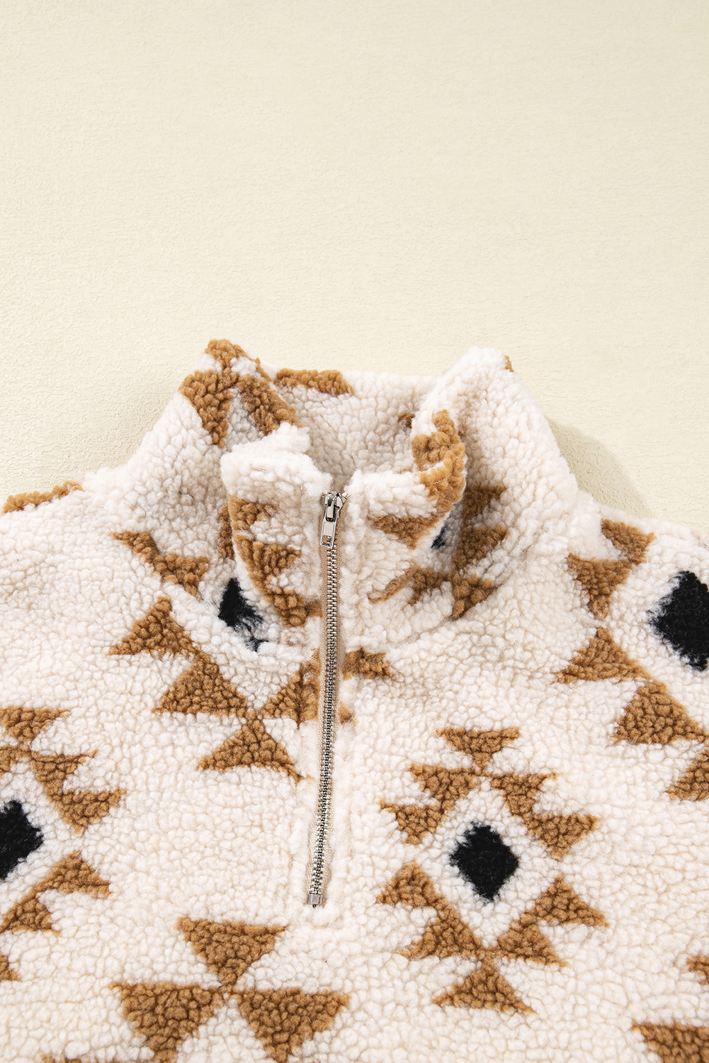 Khaki Aztec Print Sherpa Quarter Zip Collar Sweatshirt - loveforevers