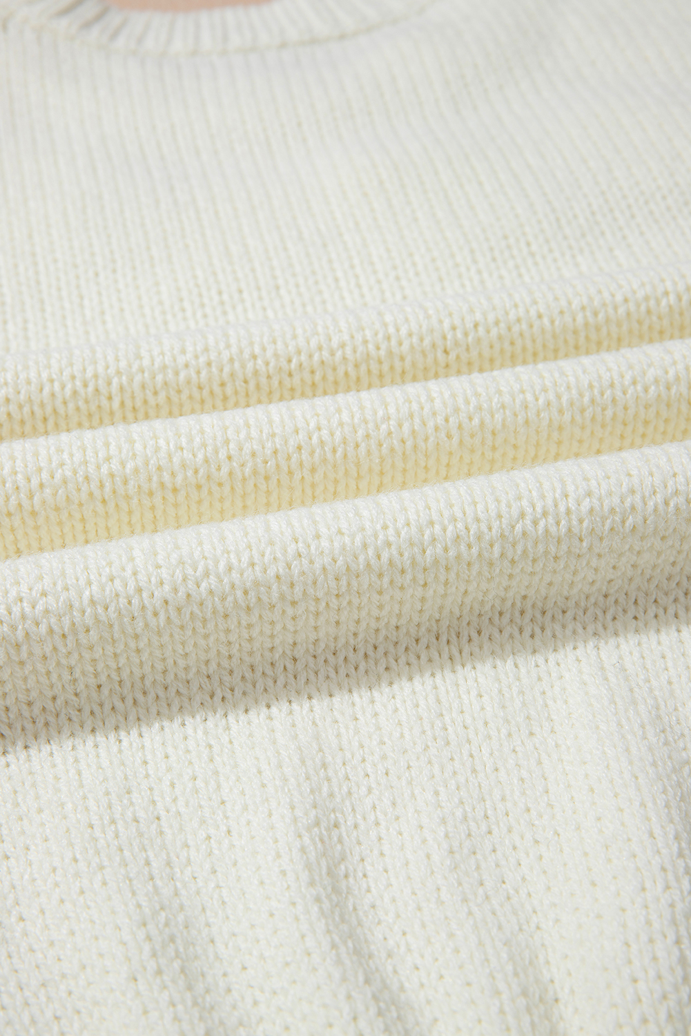 White Flower Detail Round Neck Contrast Textured Puff Sleeve Sweater - loveforevers