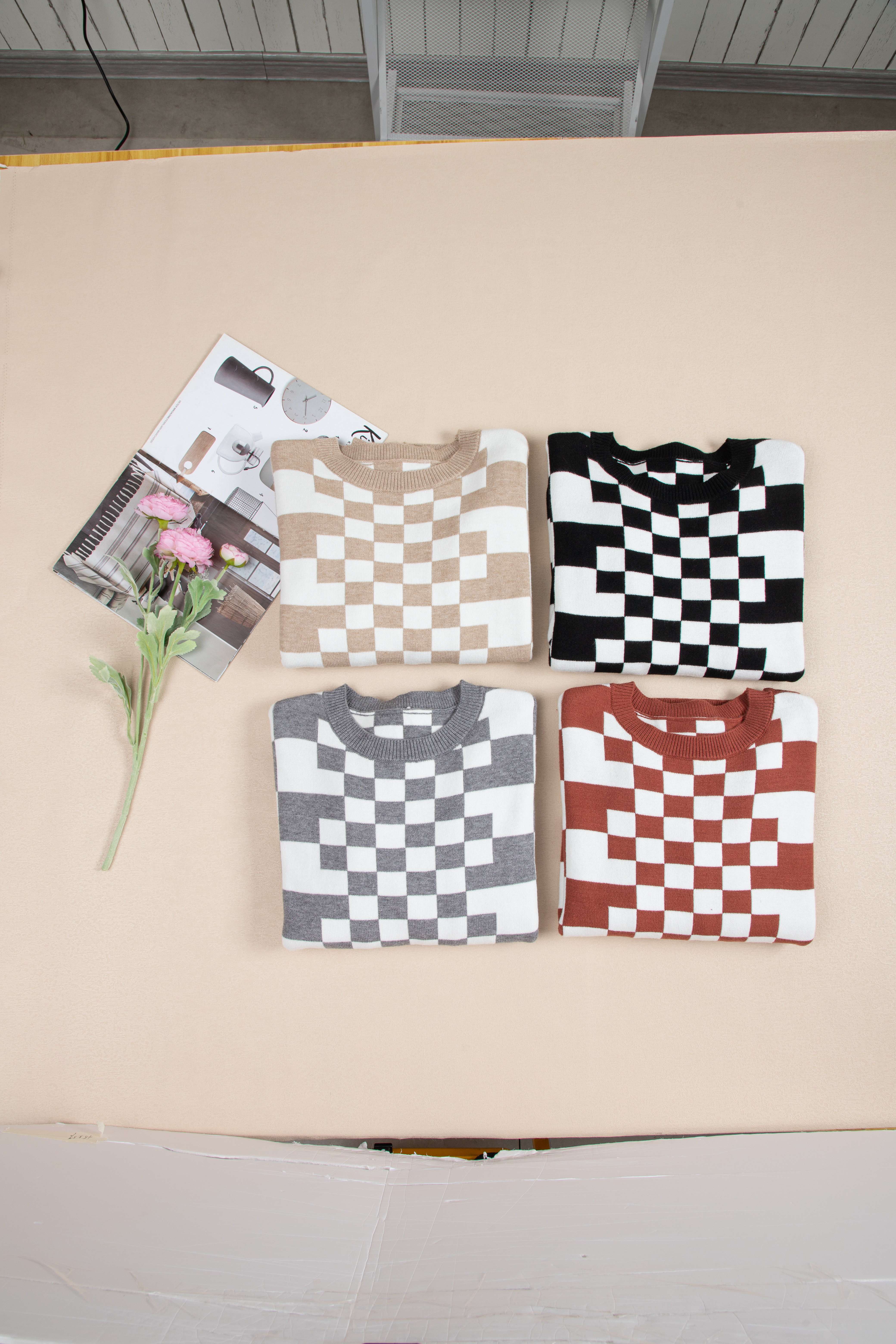 Khaki Checkered Print Drop Shoulder Round Neck Sweater - loveforevers