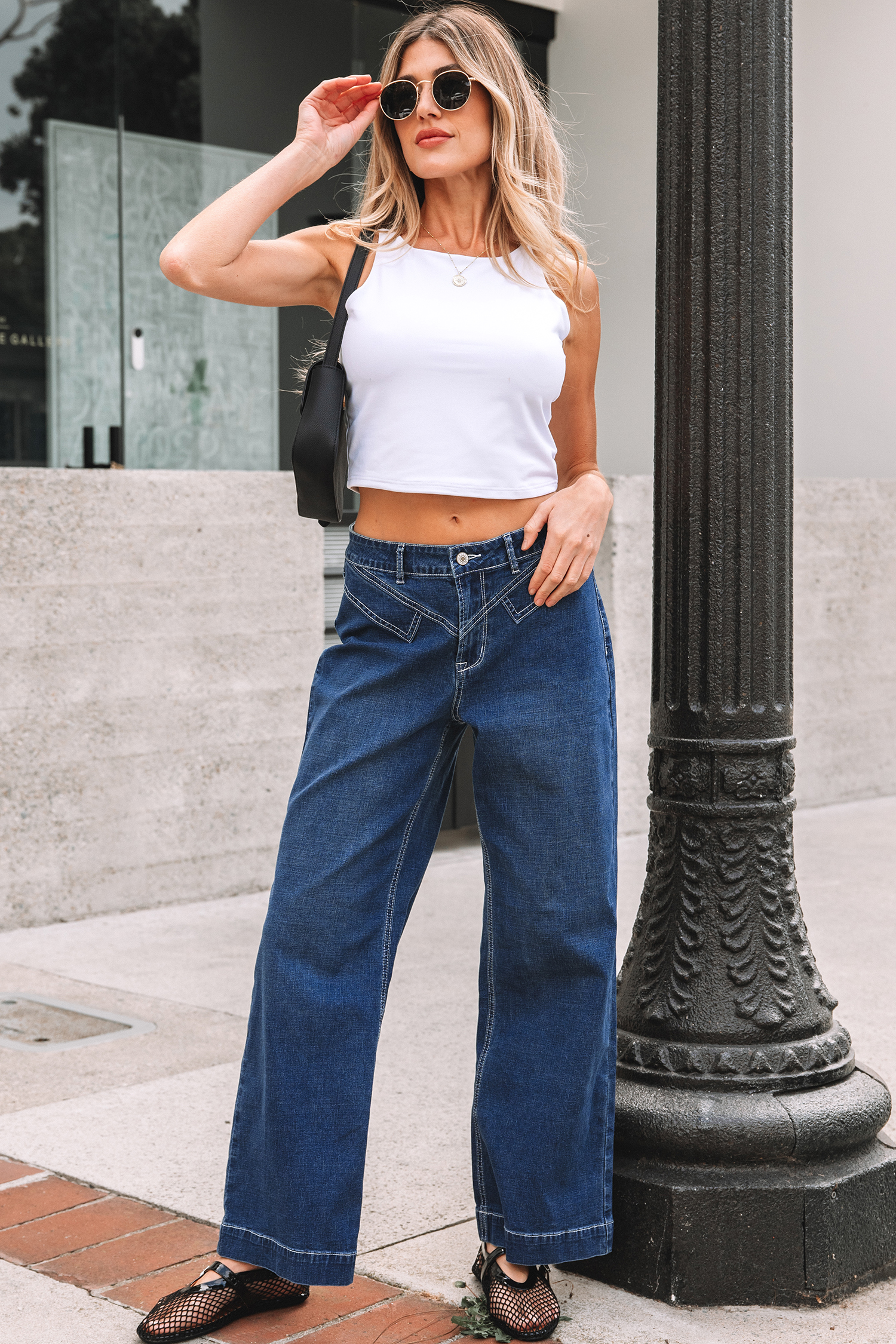 Sail Blue Stitched Waist Detail Loose Cuffed Jeans - loveforevers