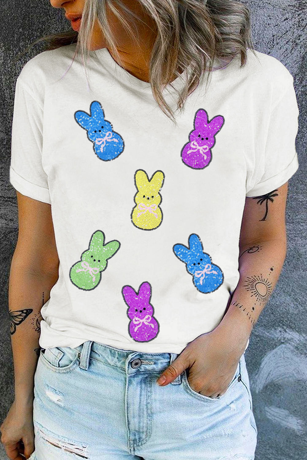 White Sequin Bow Bunny Doll Patched Easter Graphic Tee - loveforevers