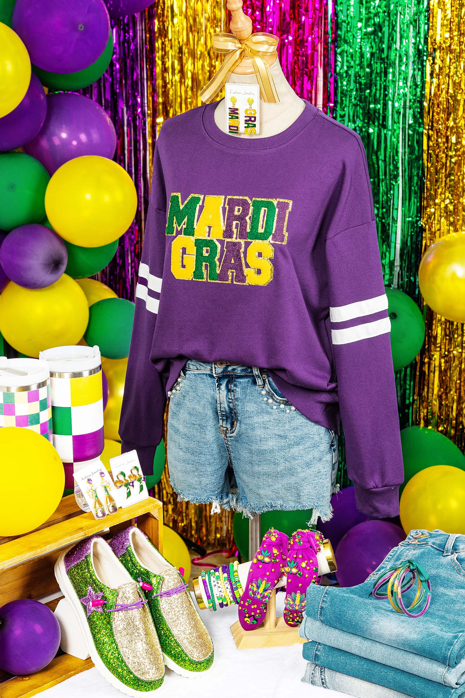 Tillandsia Purple Mardi Gras Patched Graphic Varsity Sweatshirt - loveforevers