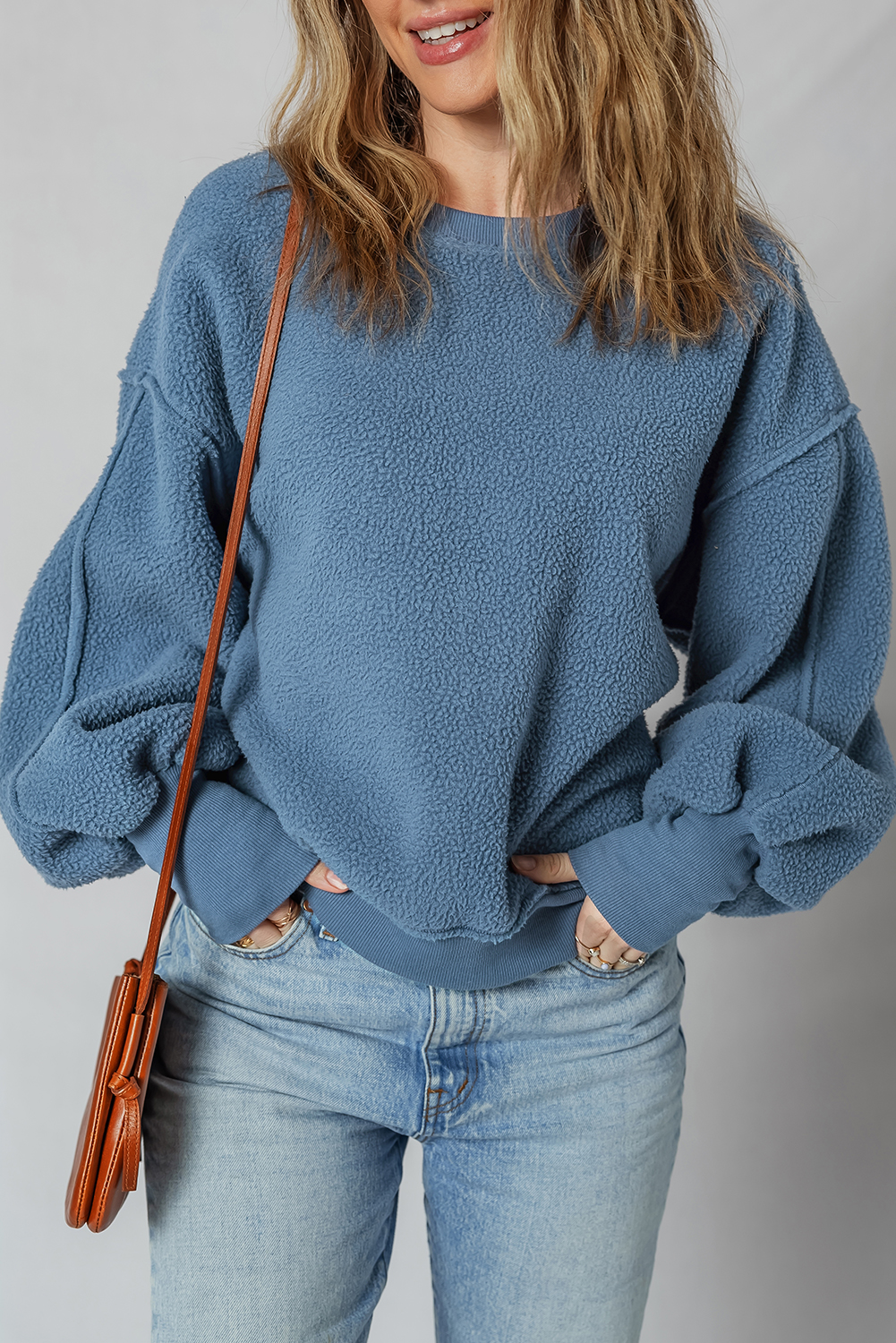 Sail Blue Fleece Drop Shoulder Exposed Seam Patchwork Casual Sweatshirt - loveforevers