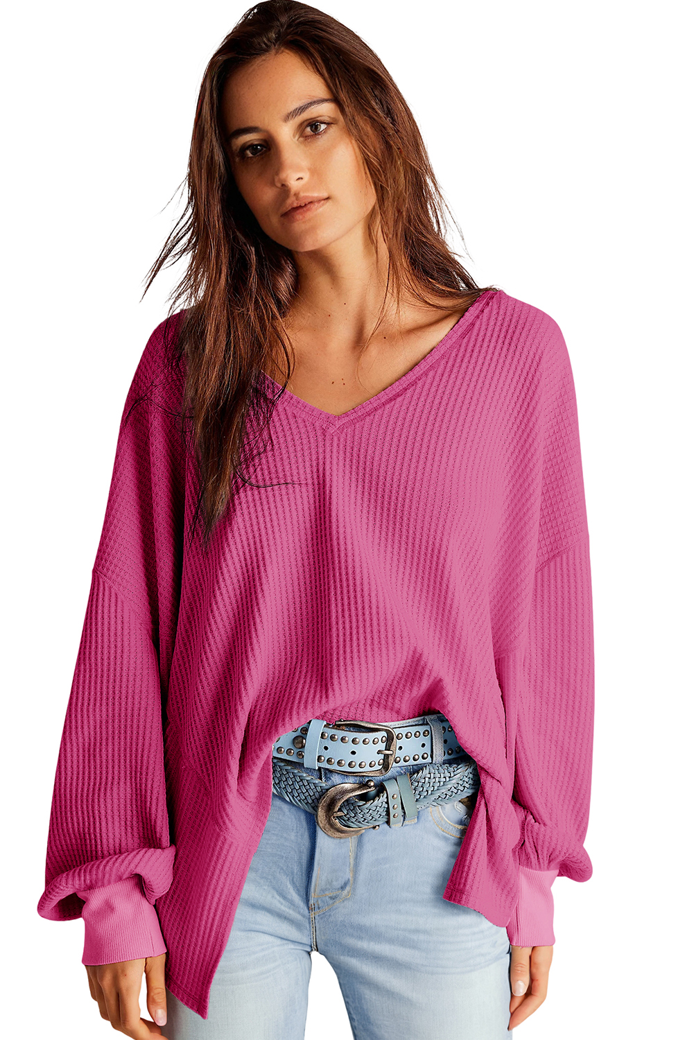 Light Pink Waffle V Neck Long Sleeve Drop Shoulder Loose Blouse - loveforevers