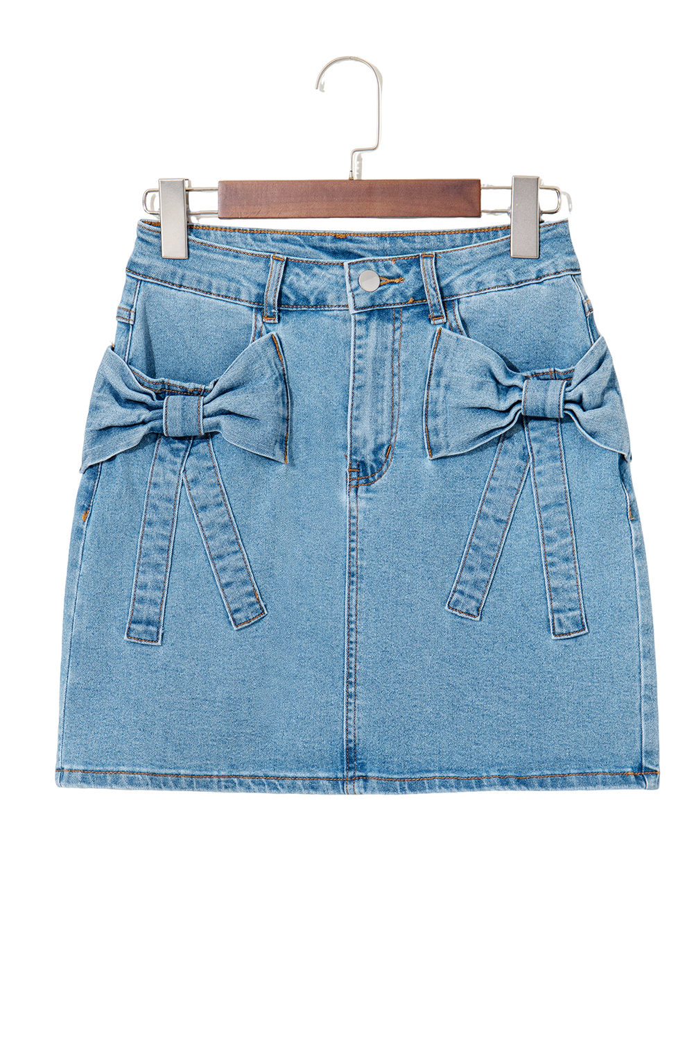 Dusk Blue Acid Wash Bowknot Details High Waist Denim Skirt - loveforevers