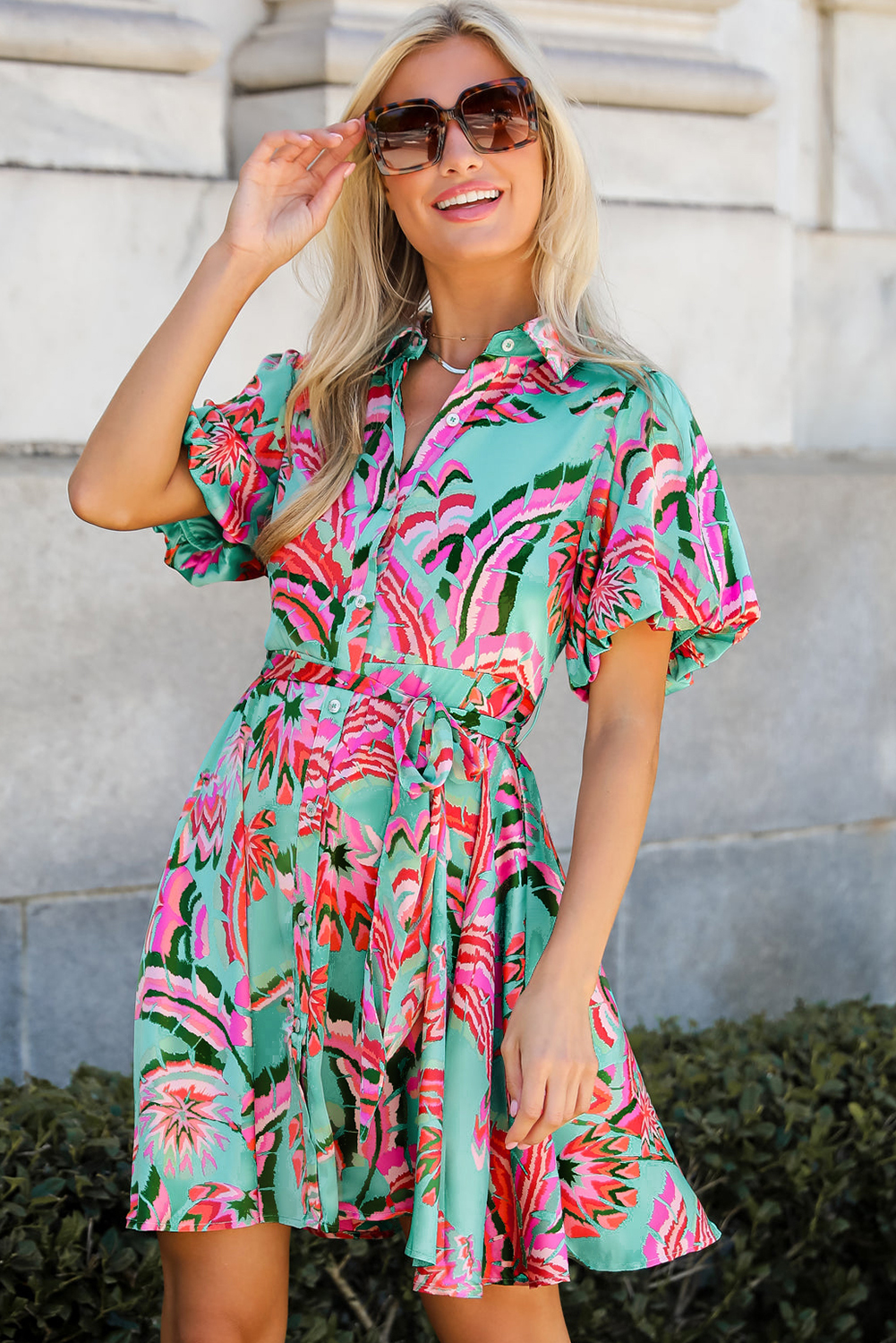 Green Abstract Print Lace-up High Waist Buttoned Mini Dress - loveforevers