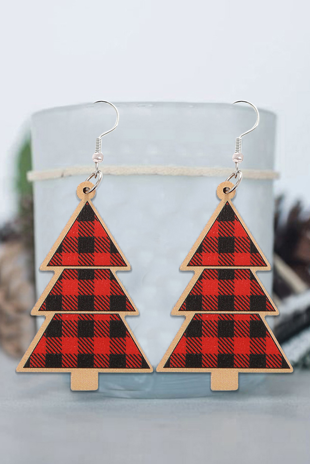 Red Shade Of Leopard Plaid Christmas Tree Earrings - loveforevers