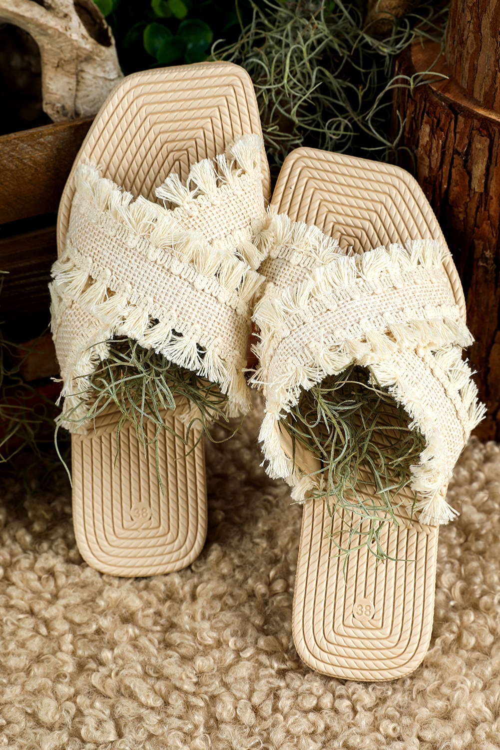 Beige Tassel Woven Crossed Straps Flat Slippers - loveforevers