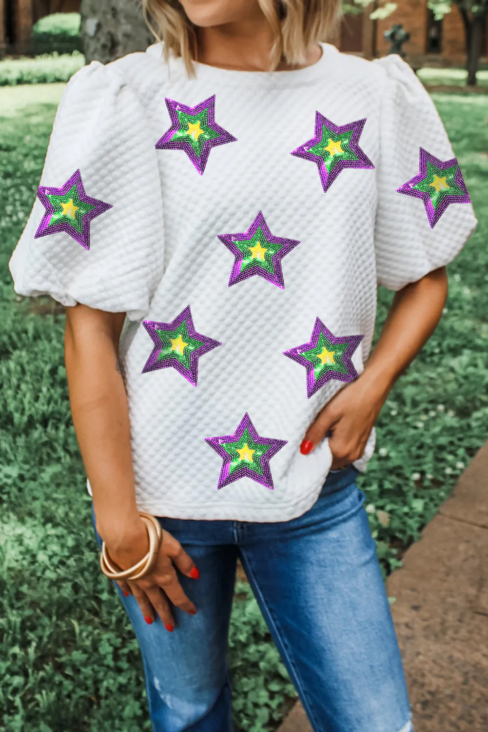 White Textured Sequin Mardi Gras Star Graphic Puff Sleeve Blouse - loveforevers